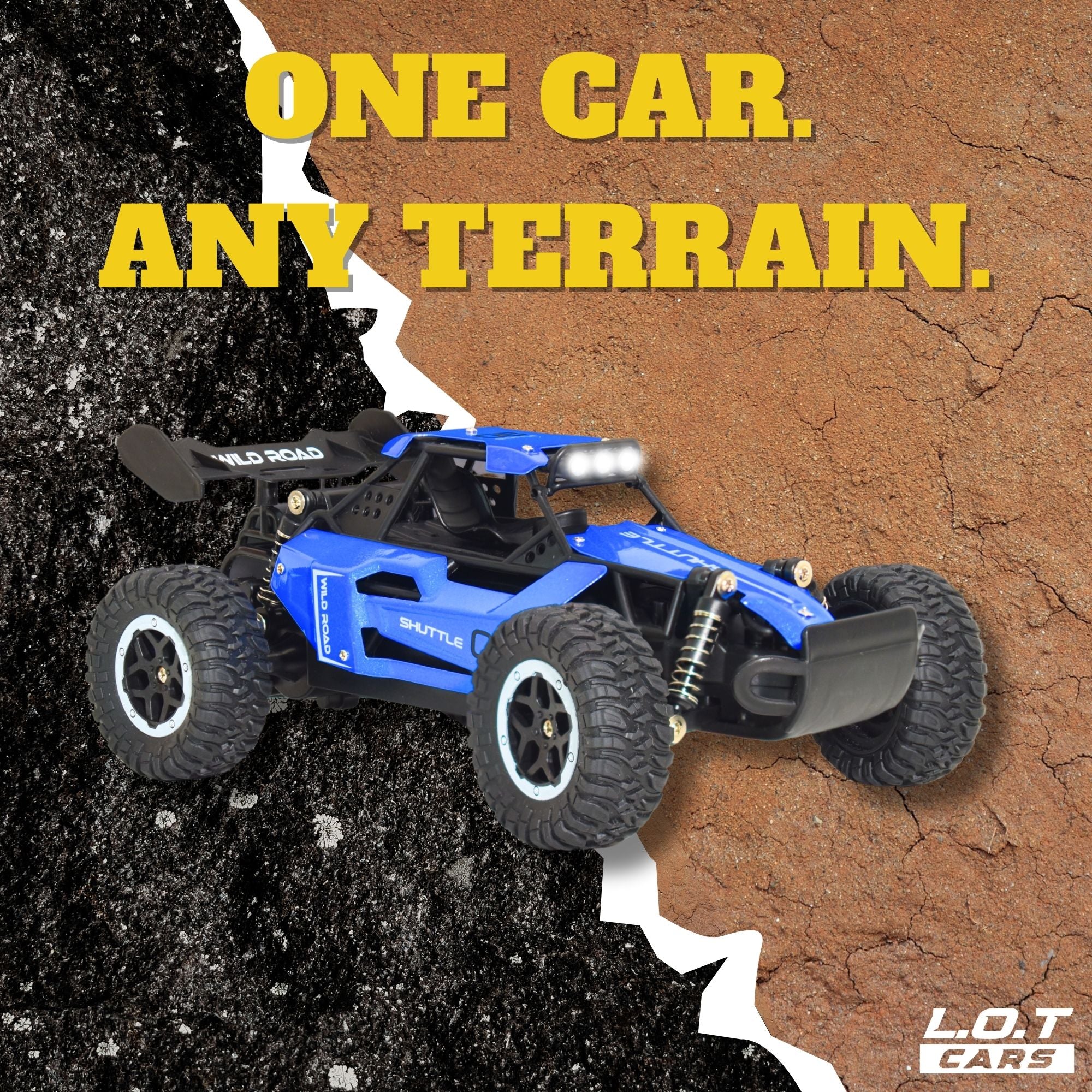 Blue off-road RC car on a split surface with 'ONE CAR. ANY TERRAIN.' text above.