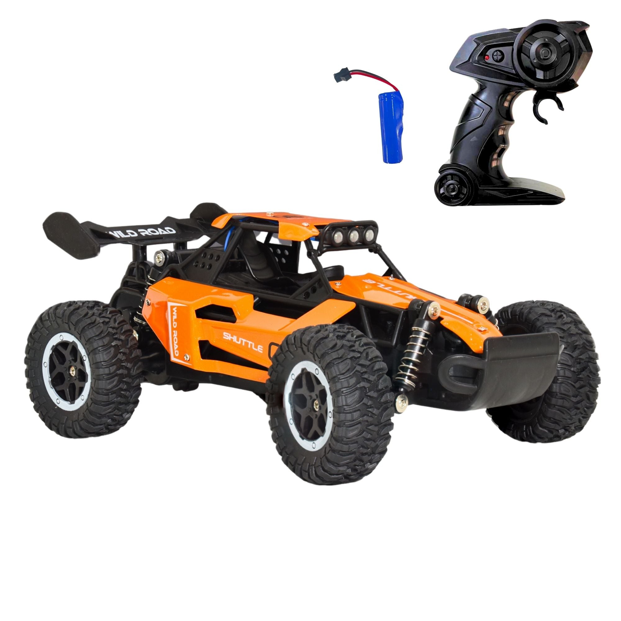 Remote control off-road car in orange color with black wheels and accents, accompanied by a 2.4Ghz remote control and a charging battery.