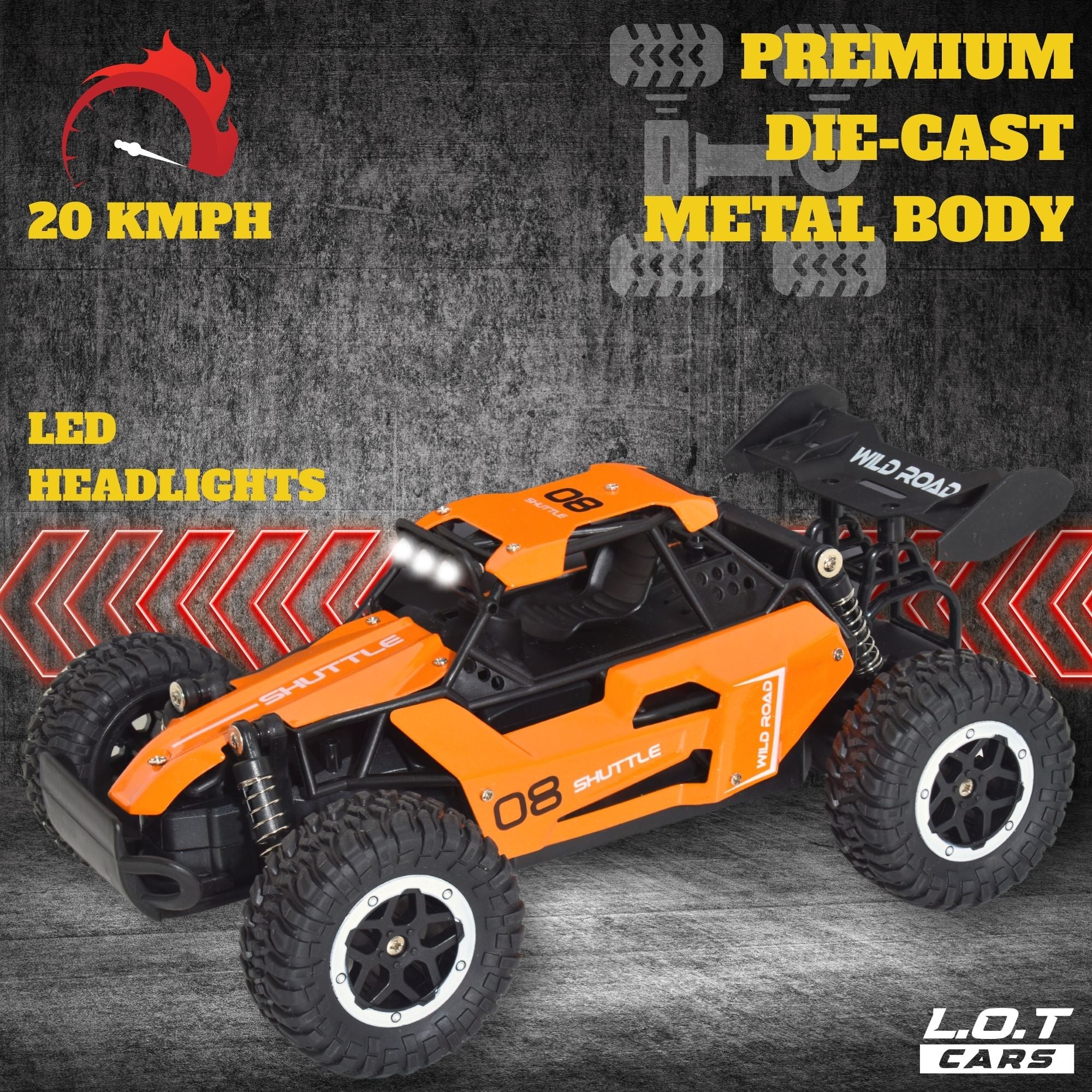 Orange RC car with text highlighting features on a dark background