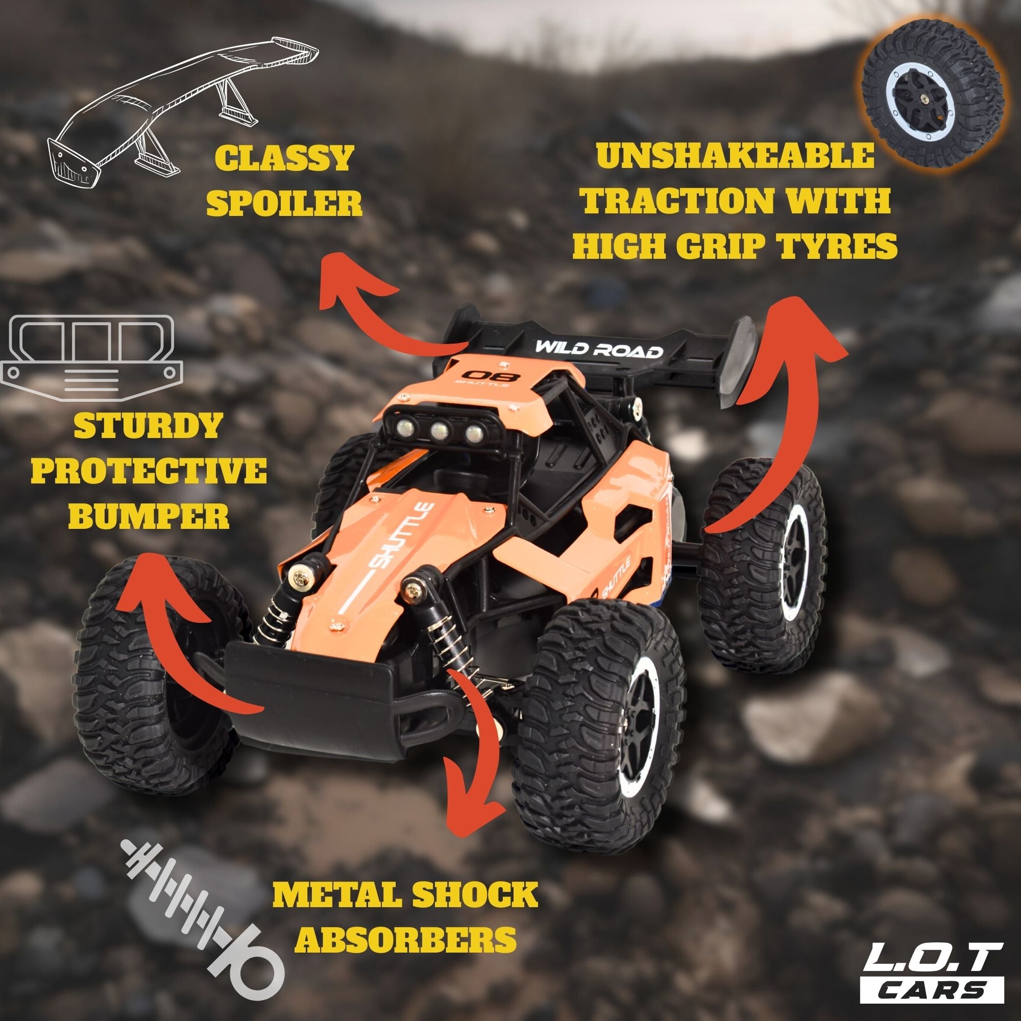 RC car with features highlighted on a rocky background