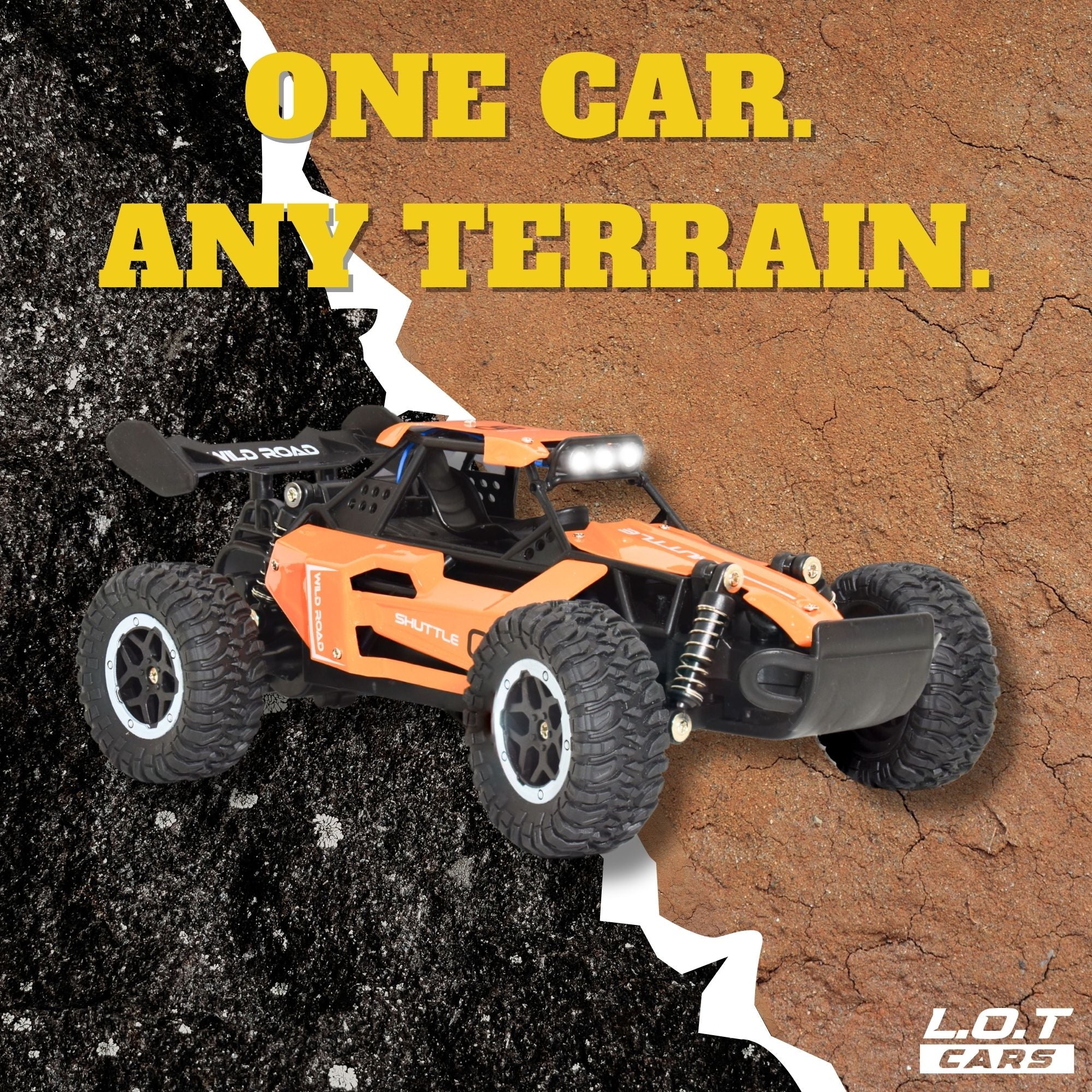 Orange remote-controlled car on a split terrain background with text.