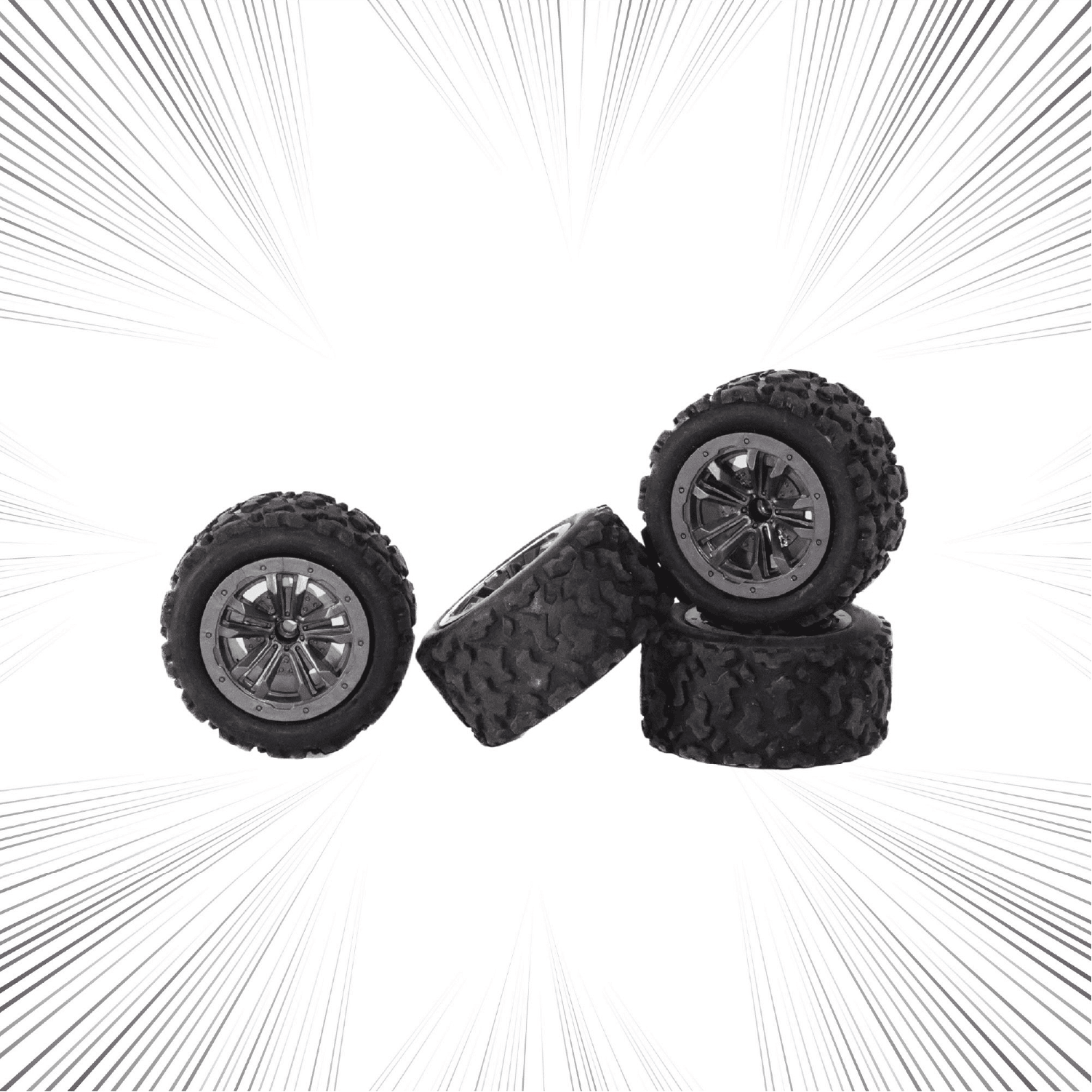 Four RC off-road tyres with tread patterns on a white background