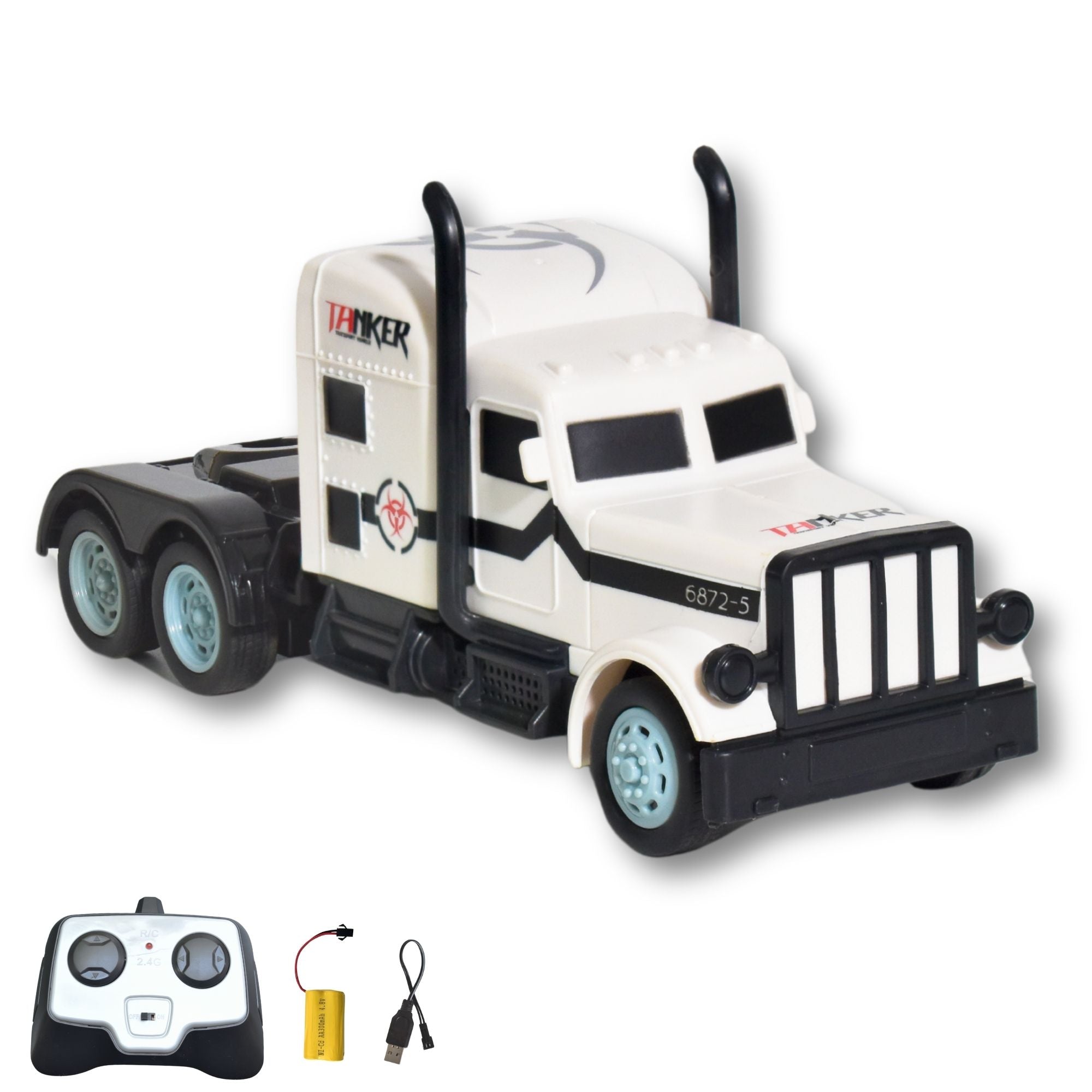 A white remote control truck with a realistic design, accompanied by a remote control. The truck has a 6x2 wheel configuration and realistic details such as brand markings and black trim.