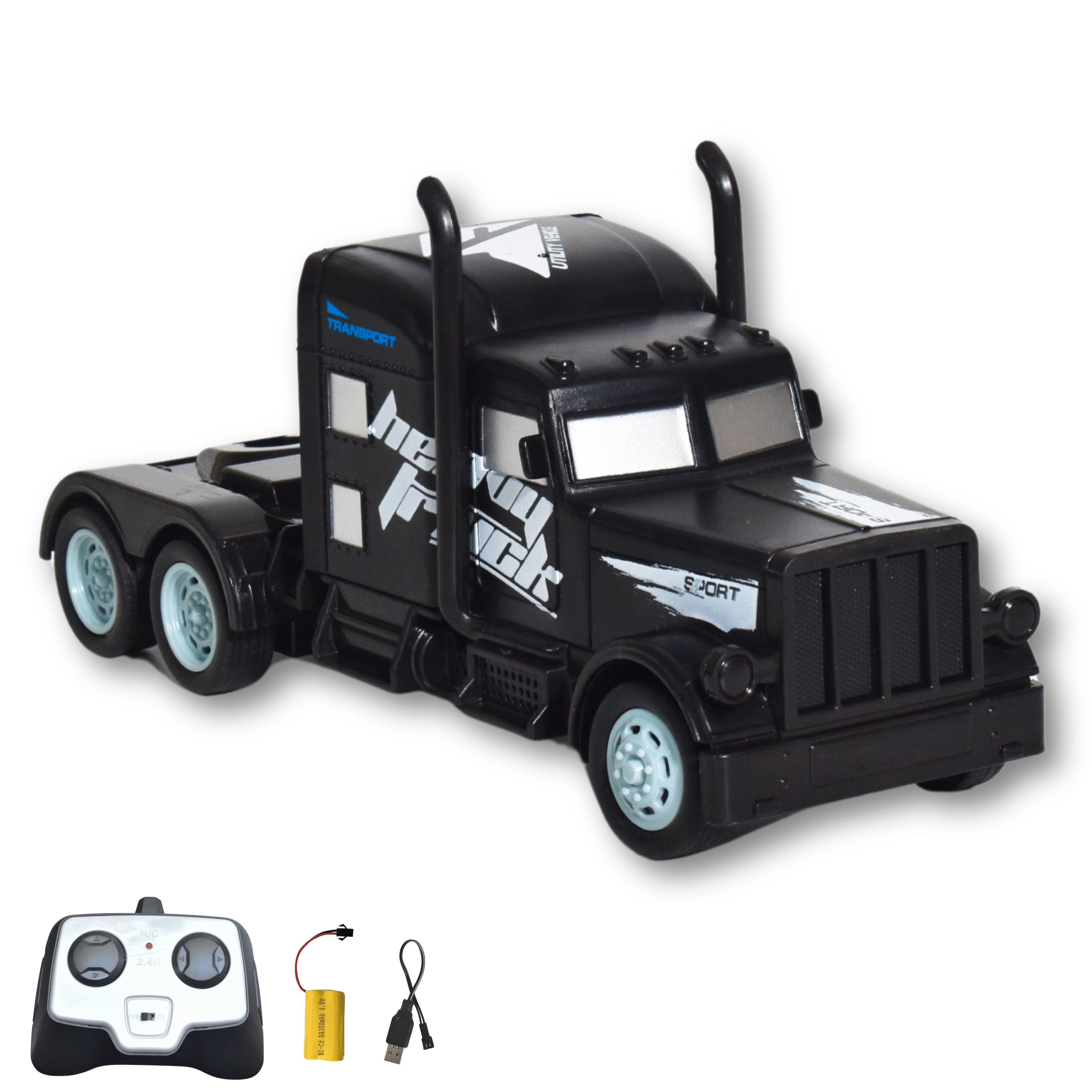 A black remote control RC truck with a realistic design, accompanied by a remote control and a USB charging cable.