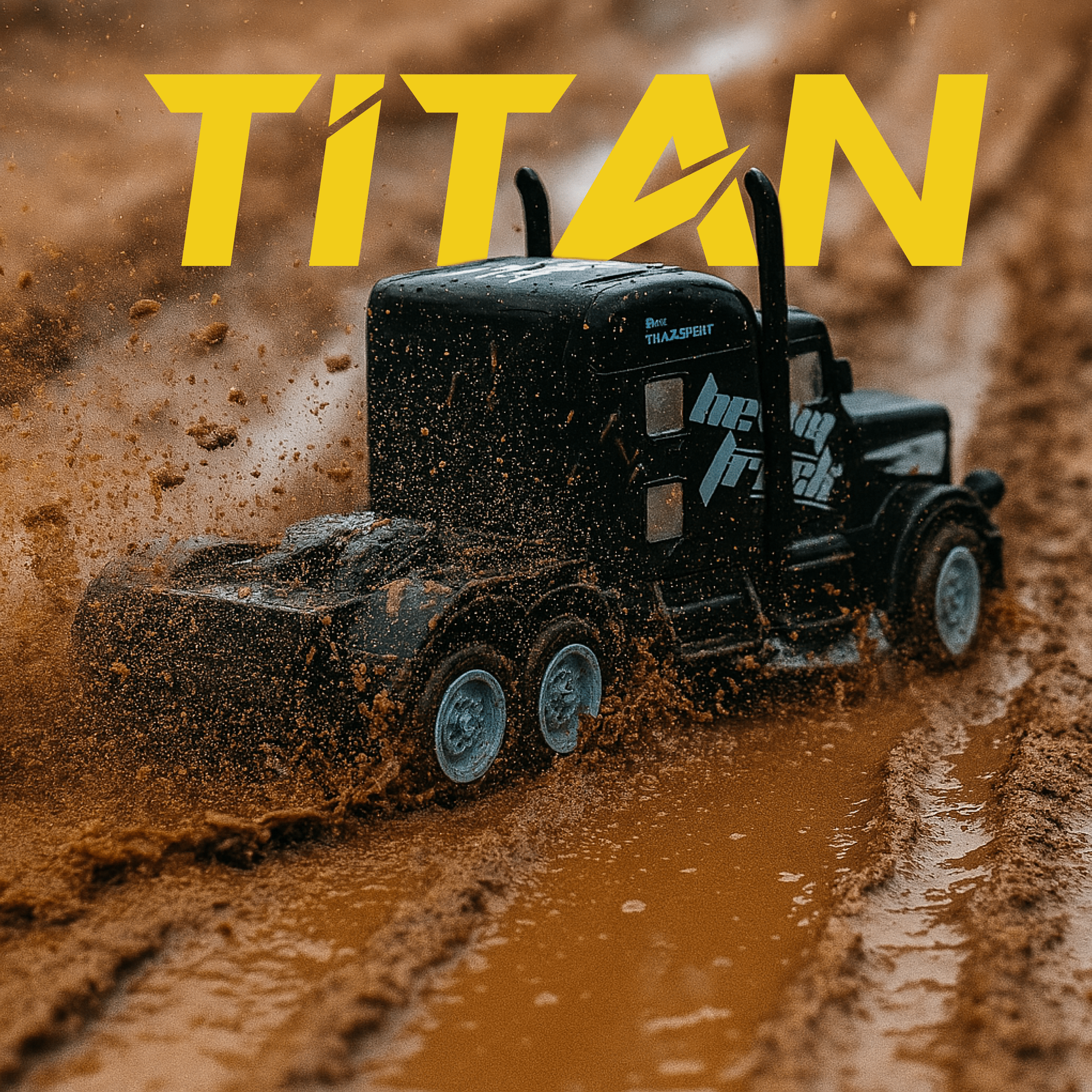 Black RC Model truck in mud with 'TITAN' branding