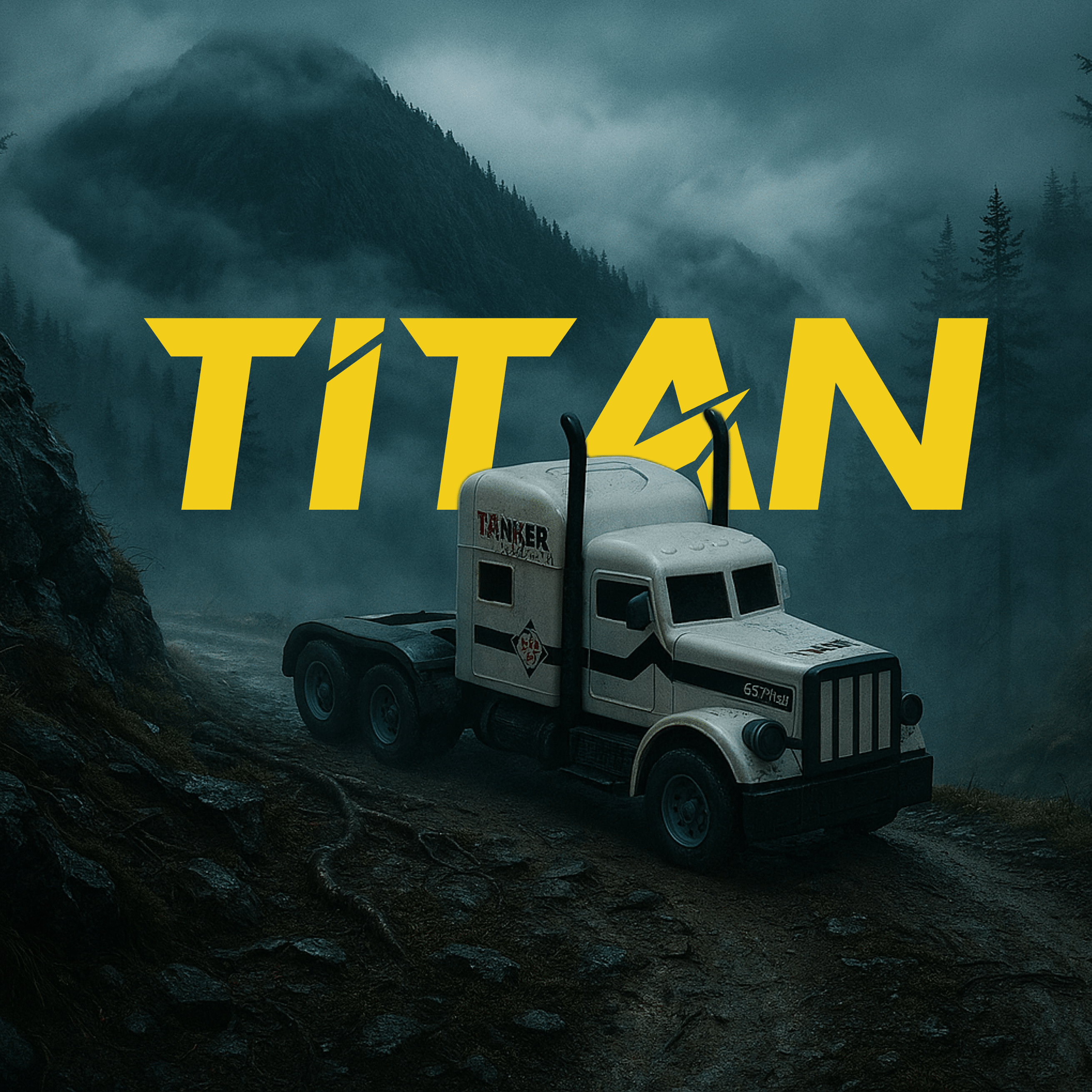 white RC Truck model on a mountainous landscape with 'TITAN' branding in the foreground