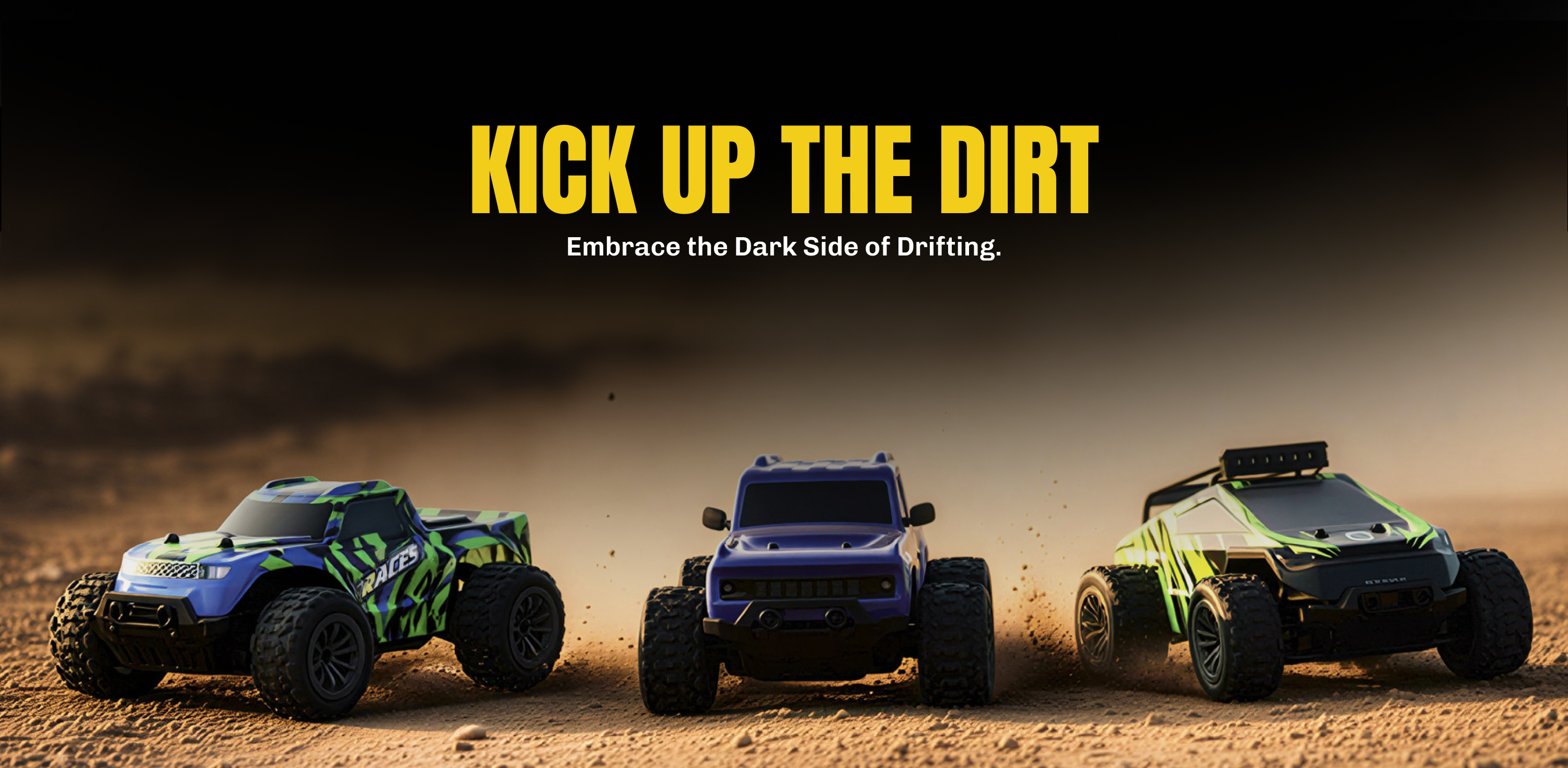 Three off-road RC car on a dirt track with 'Kick Up The Dirt' text.
