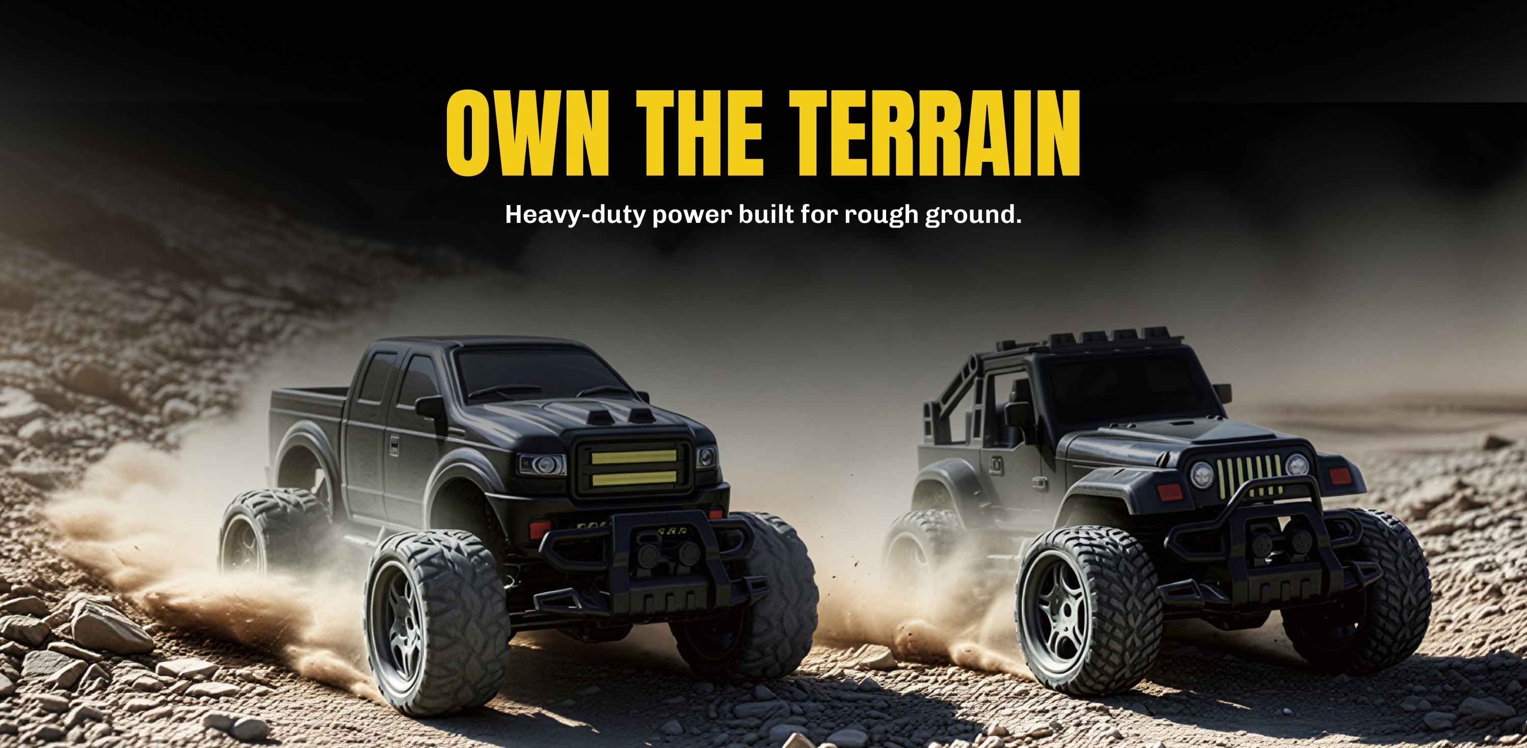 Two off-road RC car on a rocky terrain with 'Own the Terrain' text above.
