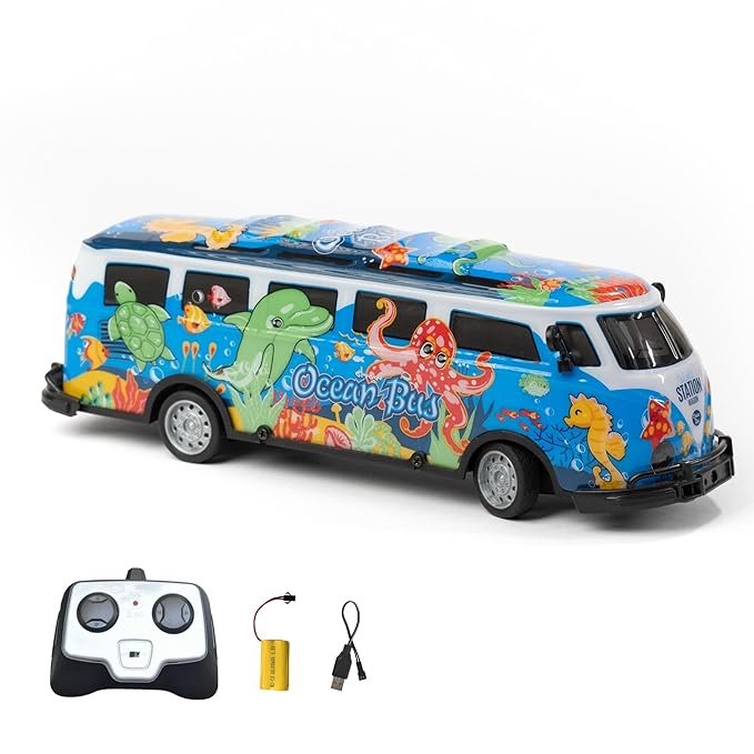 Colorful toy RC bus with ocean-themed design and remote control on a white background