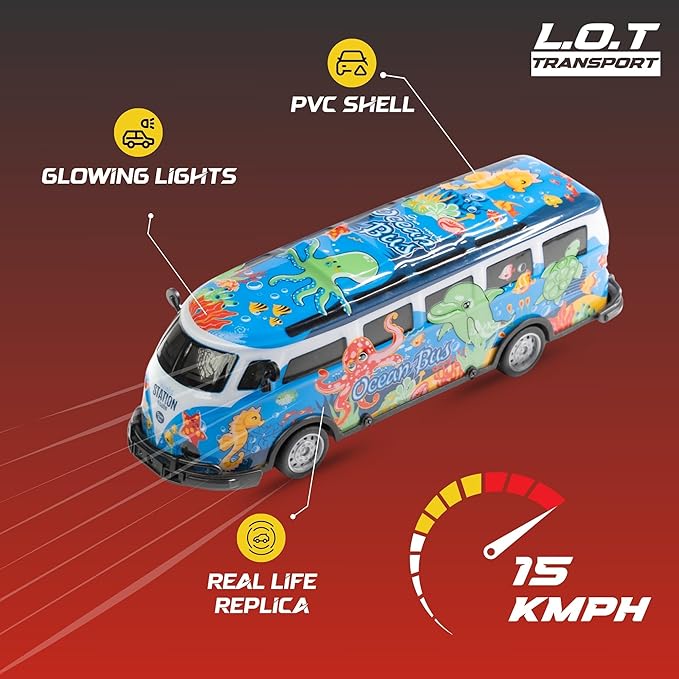 Colorful RC toy bus with features highlighted on a red background