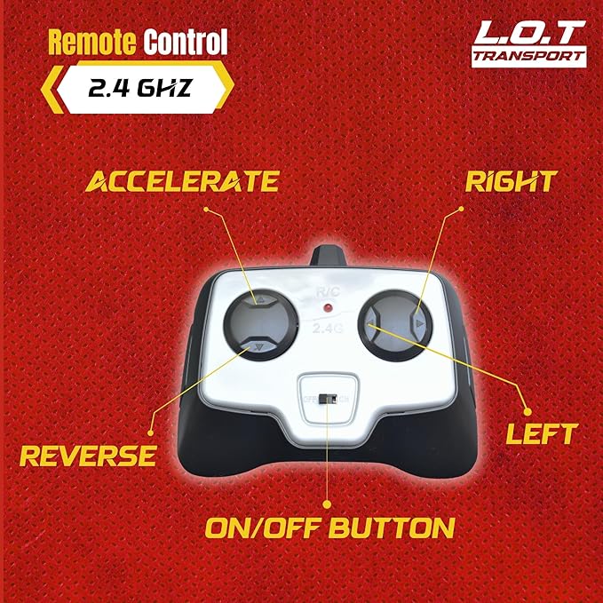 Remote control with labeled buttons on a red background, featuring the L.O.T Transport logo.
