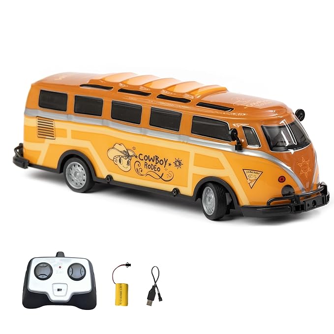Orange toy van with remote control and battery on a white background
