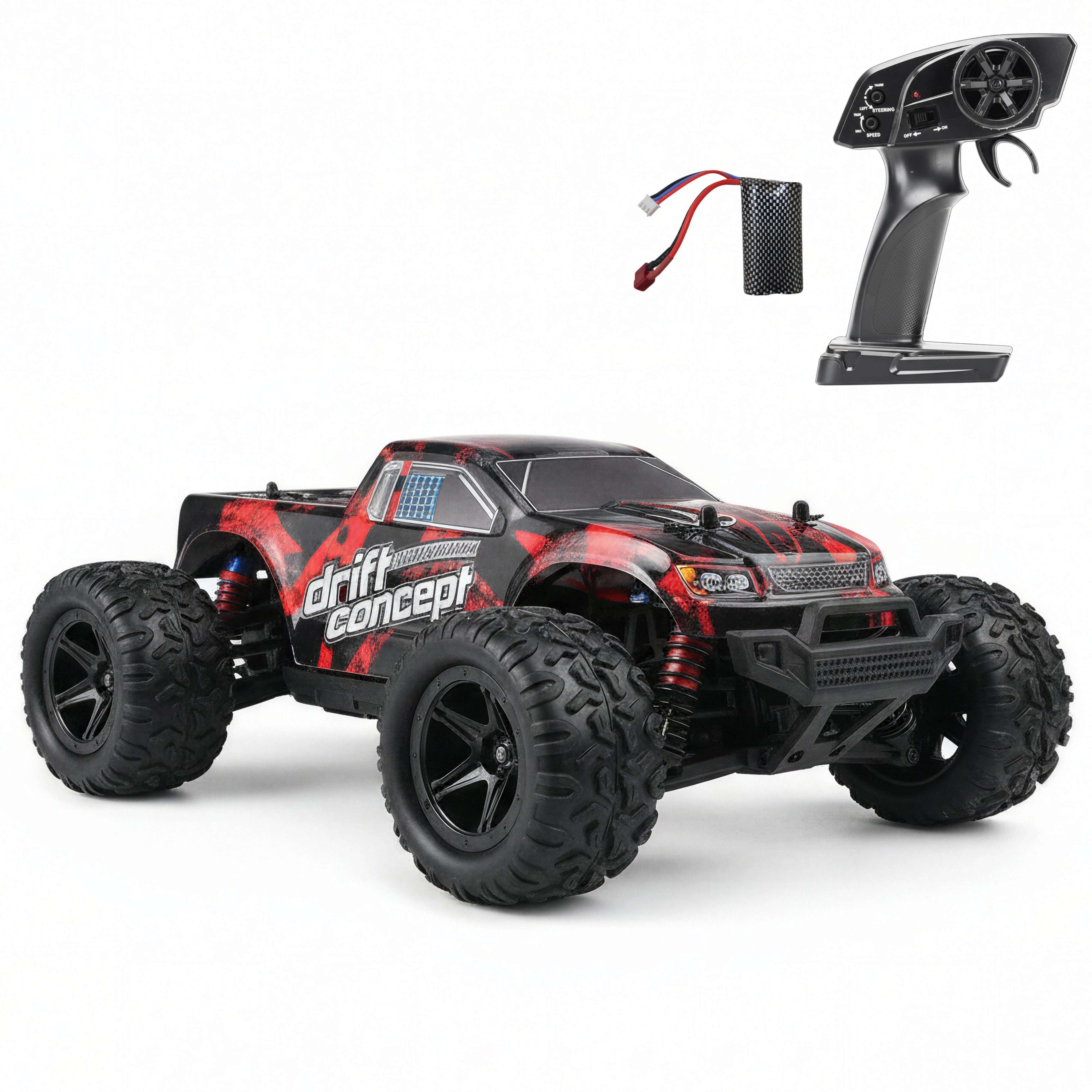 Remote control monster truck with 'Drift Concept' branding on a white background