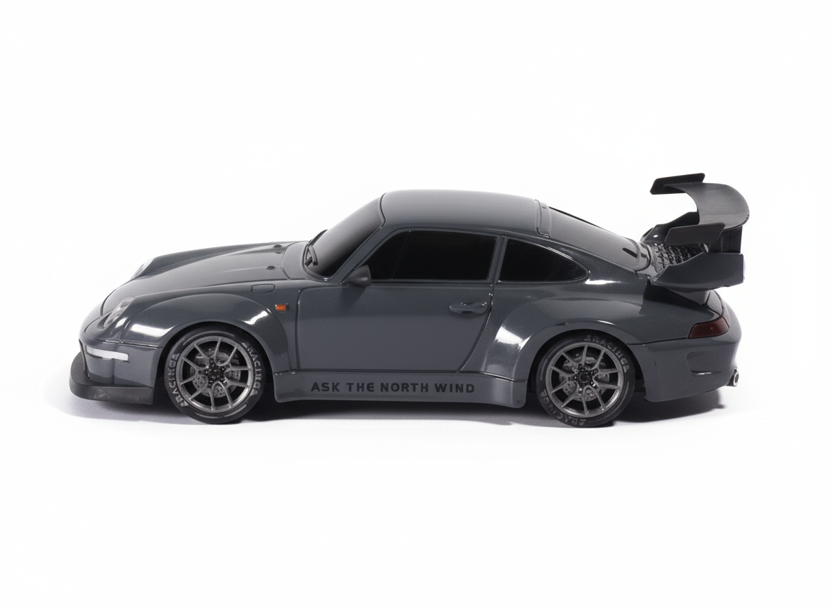 Gray sports RC car model on a white background