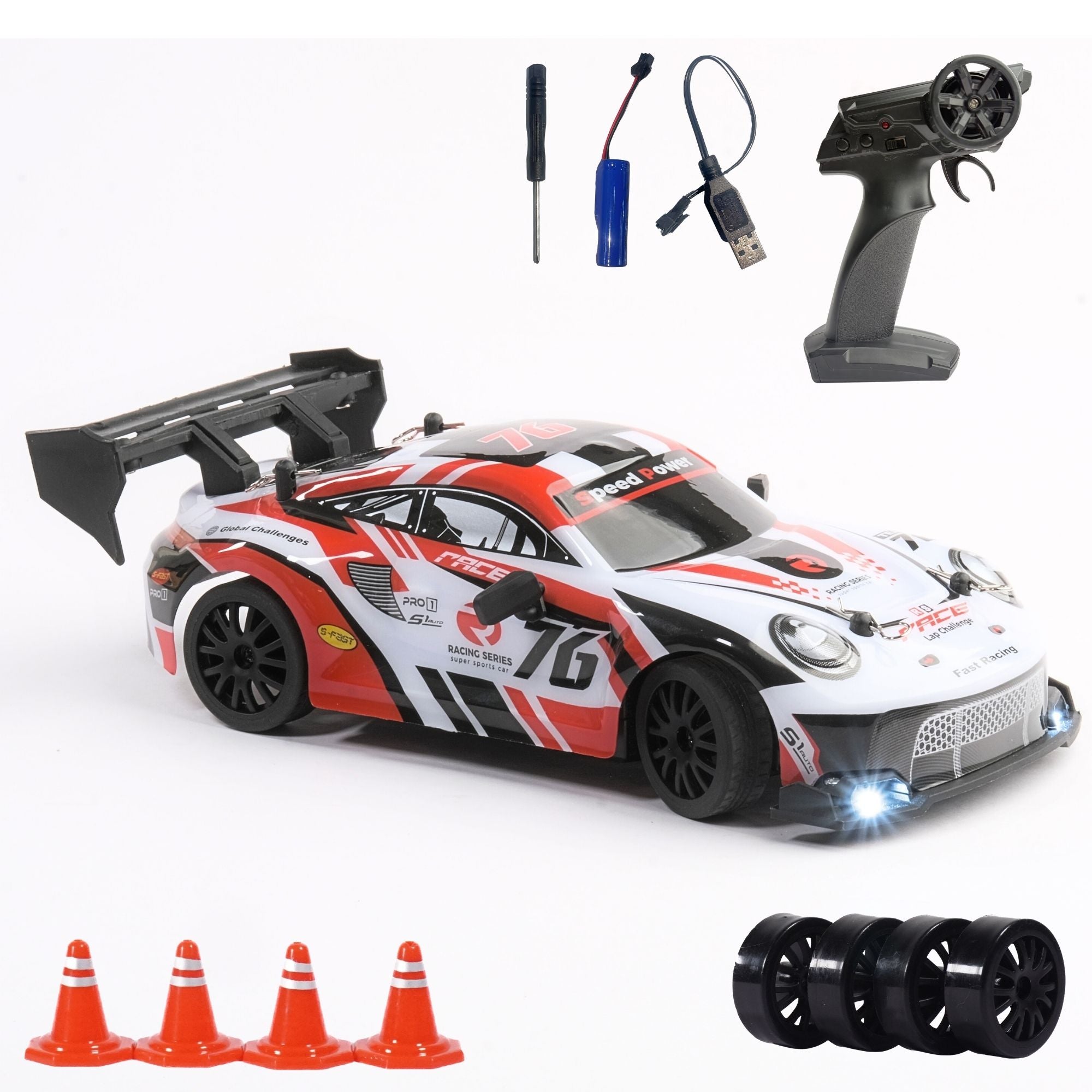 RC car with remote control, connectors, and cones on a white background