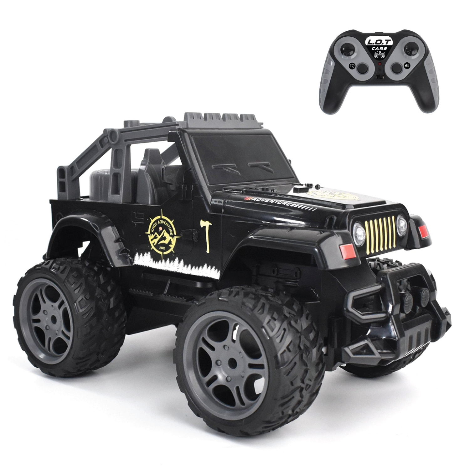 Black RC Car off-road vehicle with large wheels and a remote control on a white background