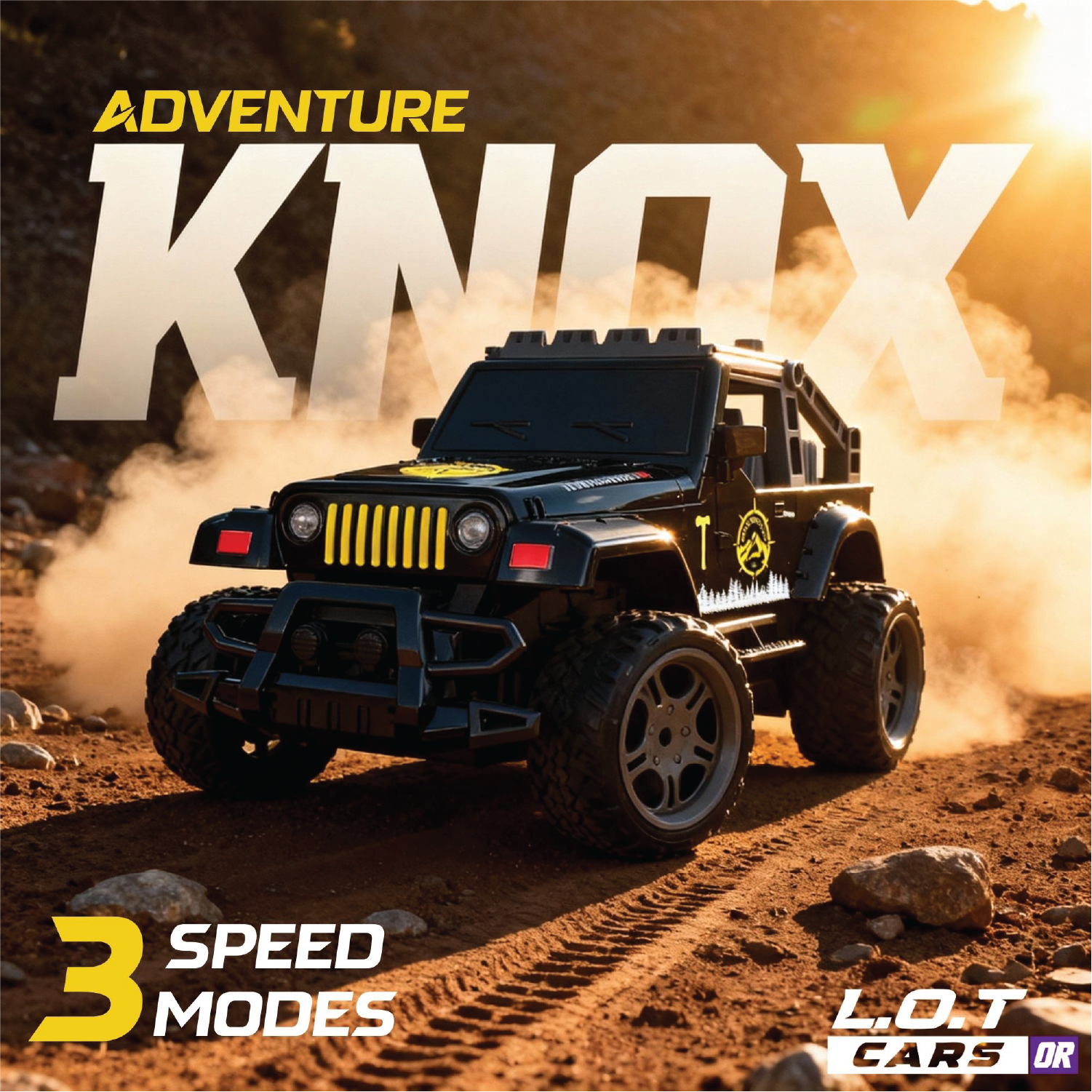 Remote control off-road vehicle with Adventure Knox branding on a dirt track background