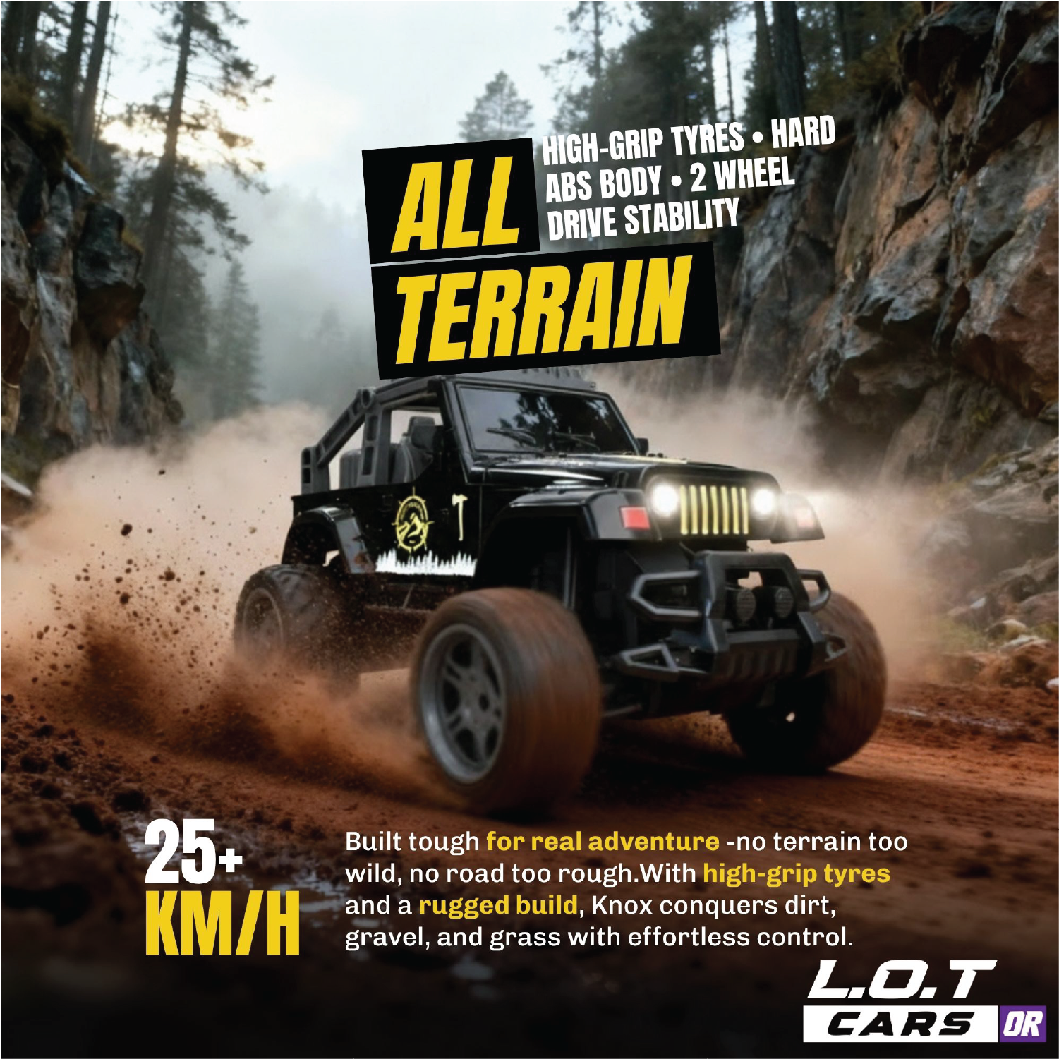 Off-road RC Car driving on a dirt road with promotional text about all-terrain capabilities.