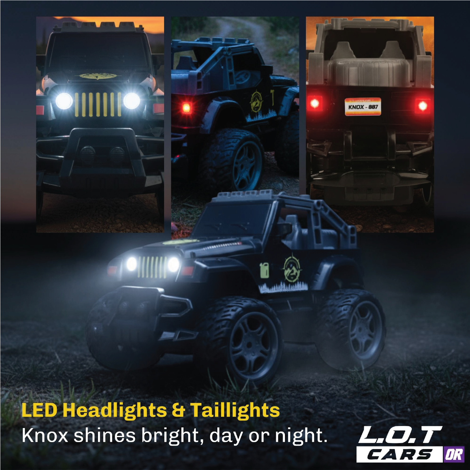 RC truck with LED headlights and taillights displayed in various views on a dark background.