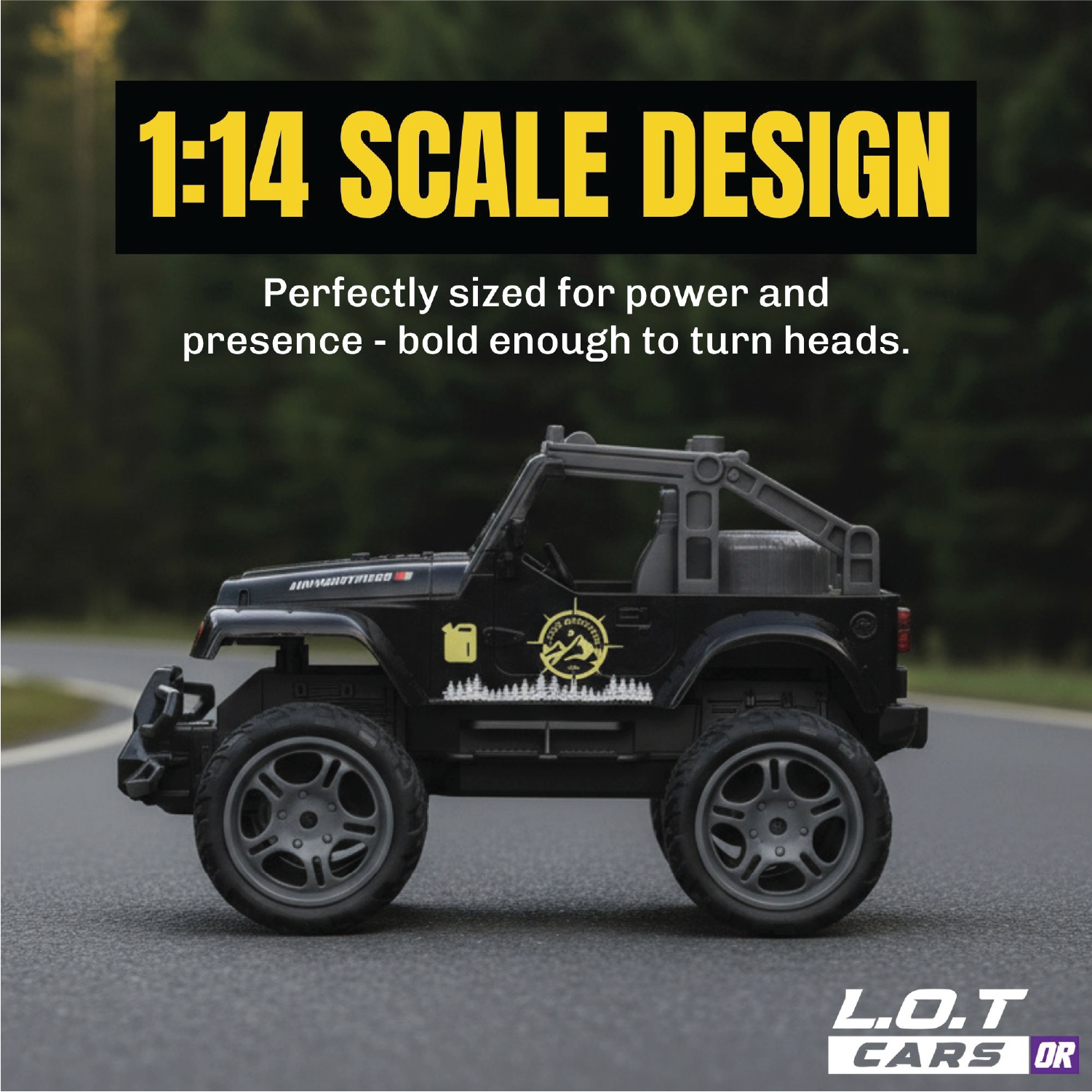 Black Remote control jeep on a road with 1:14 Scale Design text above it.