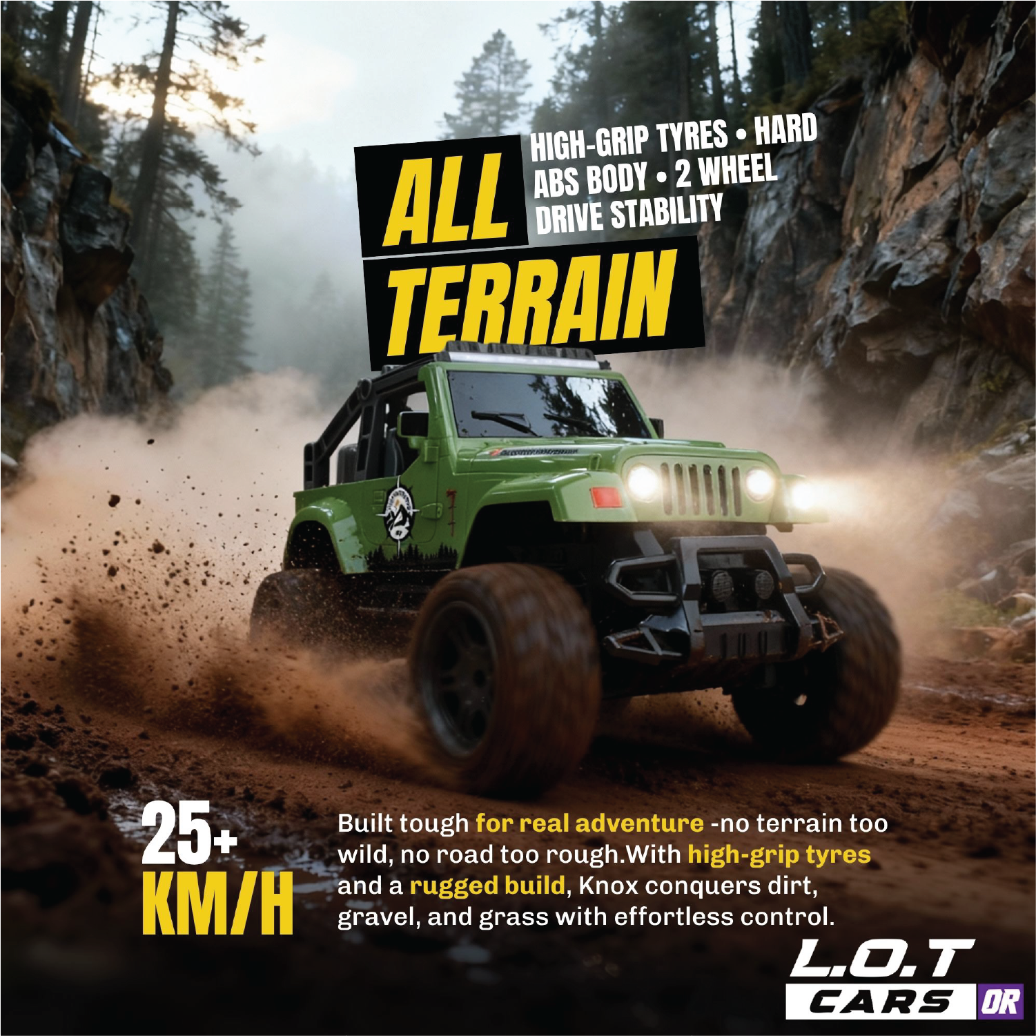 Green off-road RC car on a dirt path with promotional text about all-terrain capabilities.