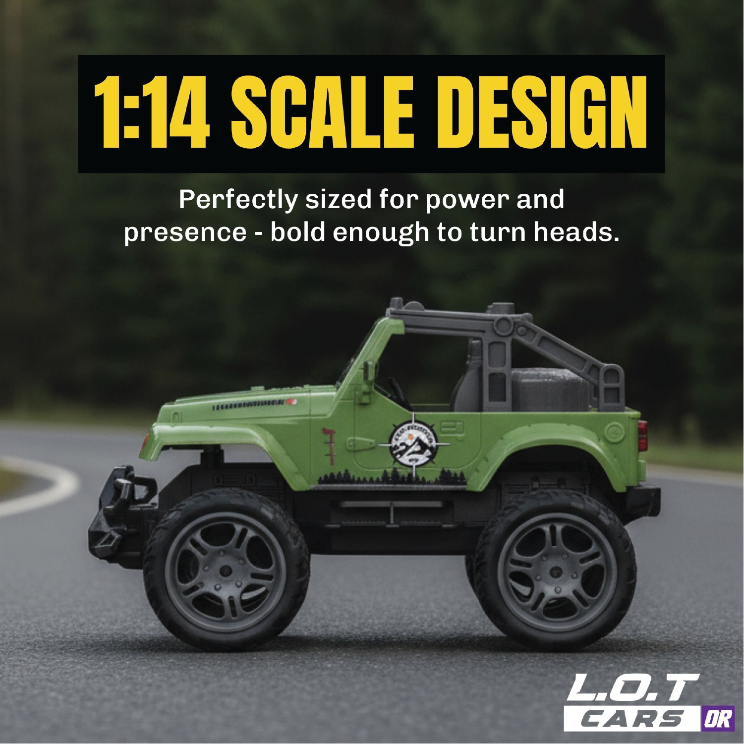 Green RC Jeep with L.O.T Cars branding on a road with text about scale design.