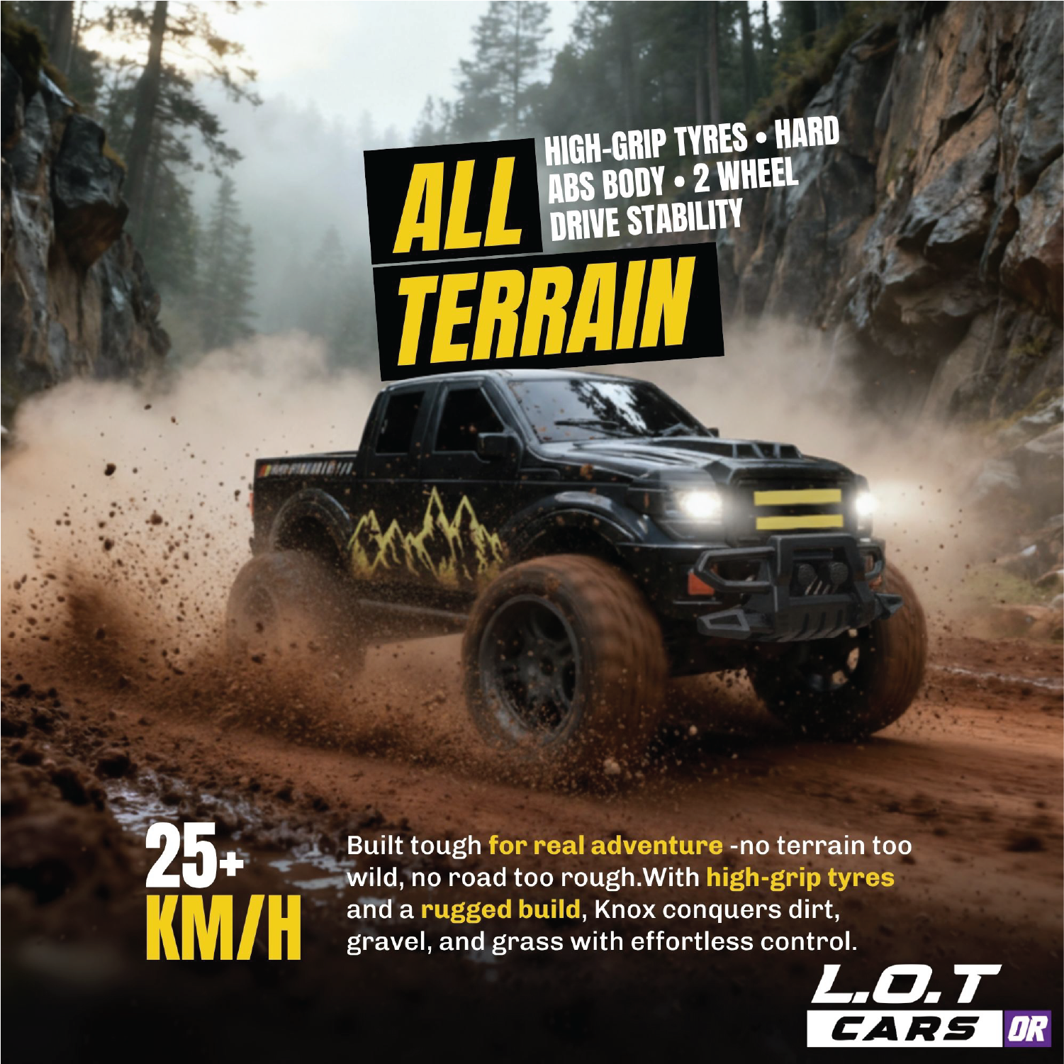 Off-road Remote control Car on a dirt path with 'All Terrain' text and promotional details.