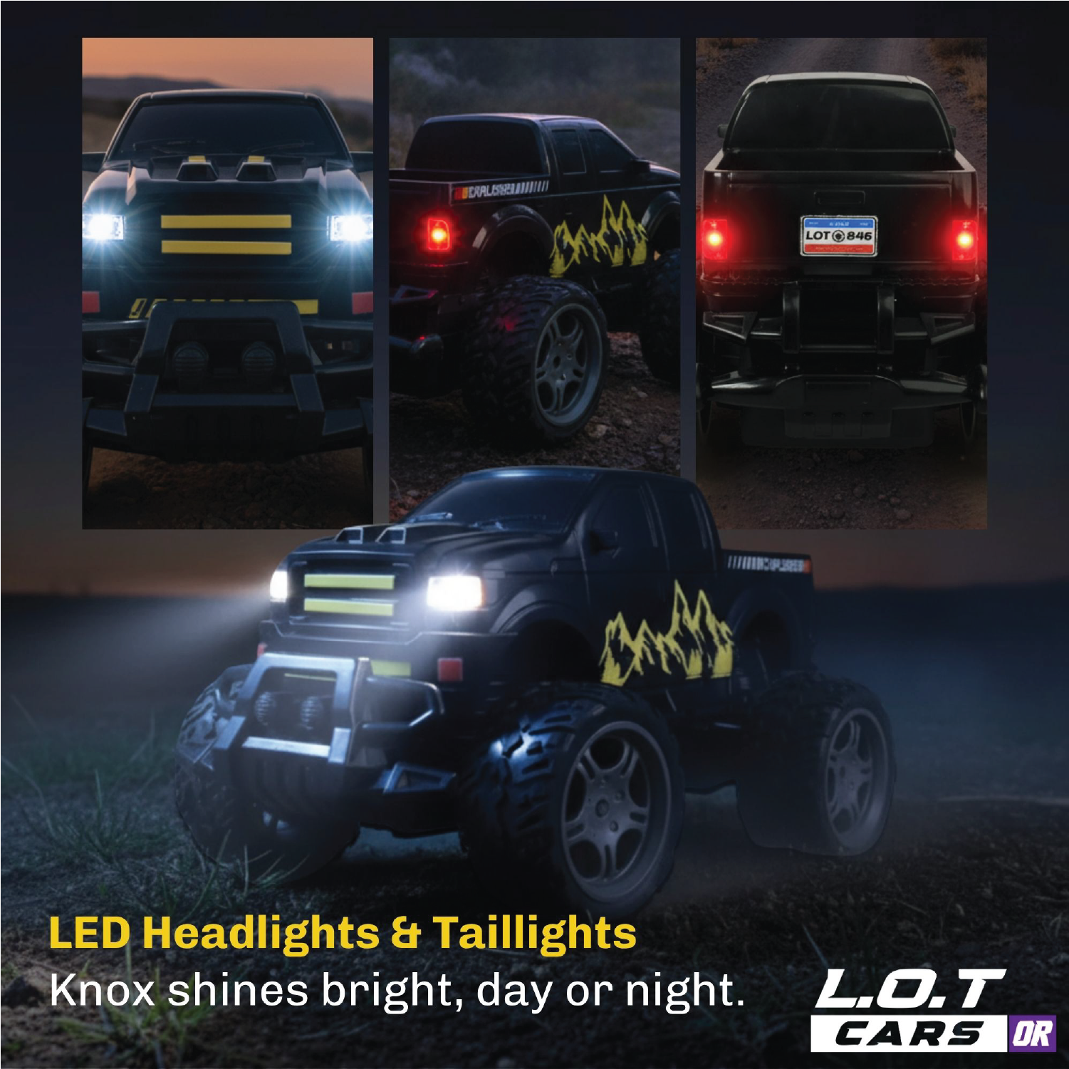 RC truck with LED headlights and taillights displayed in various views, highlighting the L.O.T Cars brand.