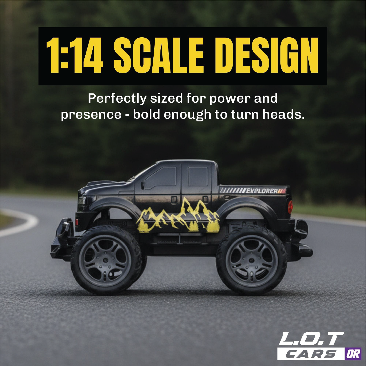 RC truck on a road with 1:14 Scale Design text and L.O.T Cars branding.