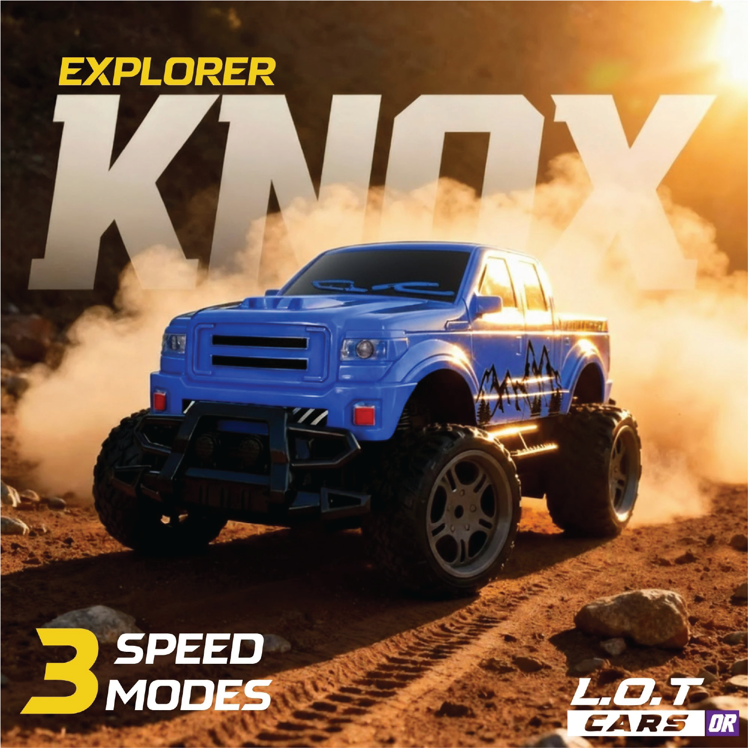 Blue RC truck with Explorer Knox branding on a dirt road with smoke effect.