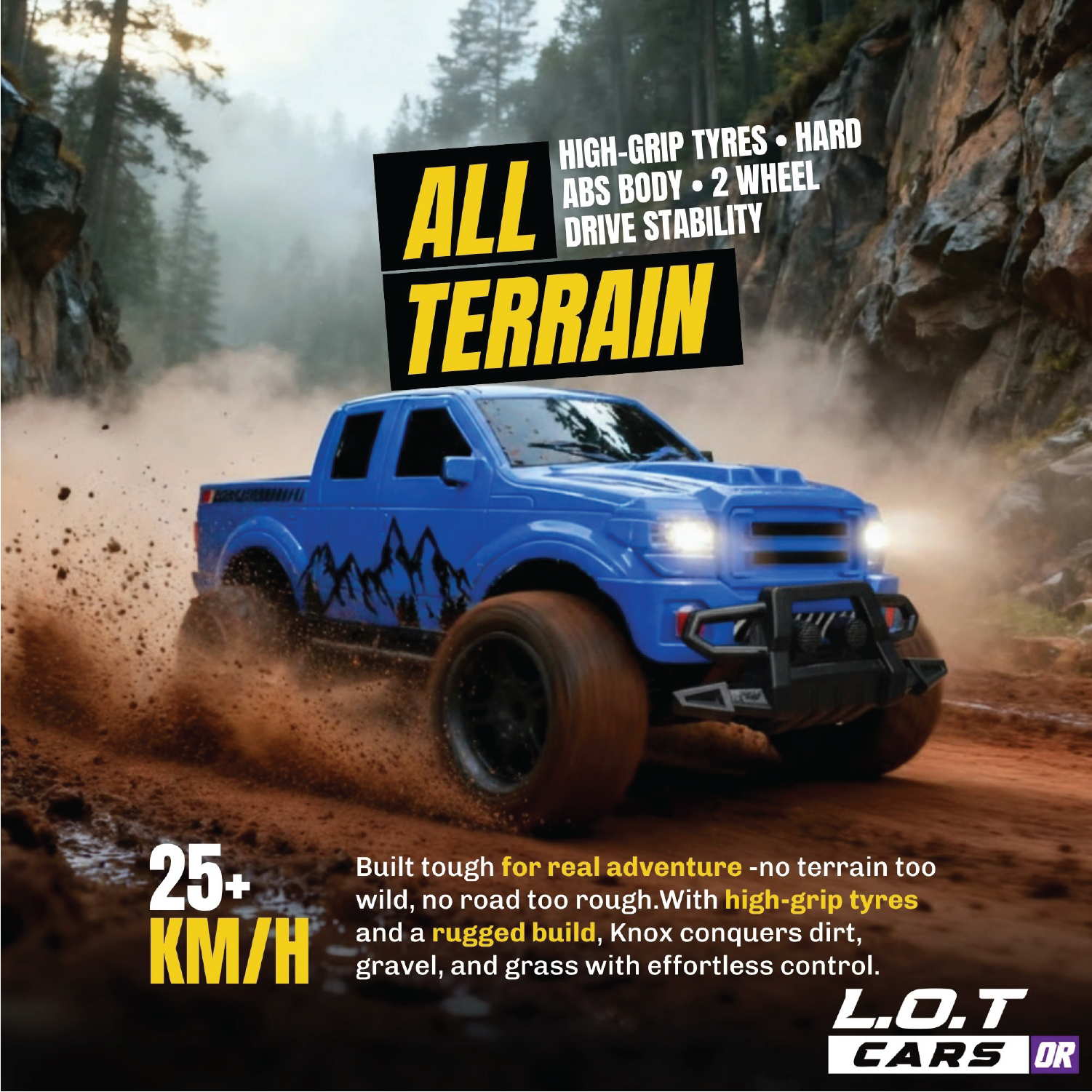 Blue off-road Rc car driving on a dirt road with terrain capabilities.