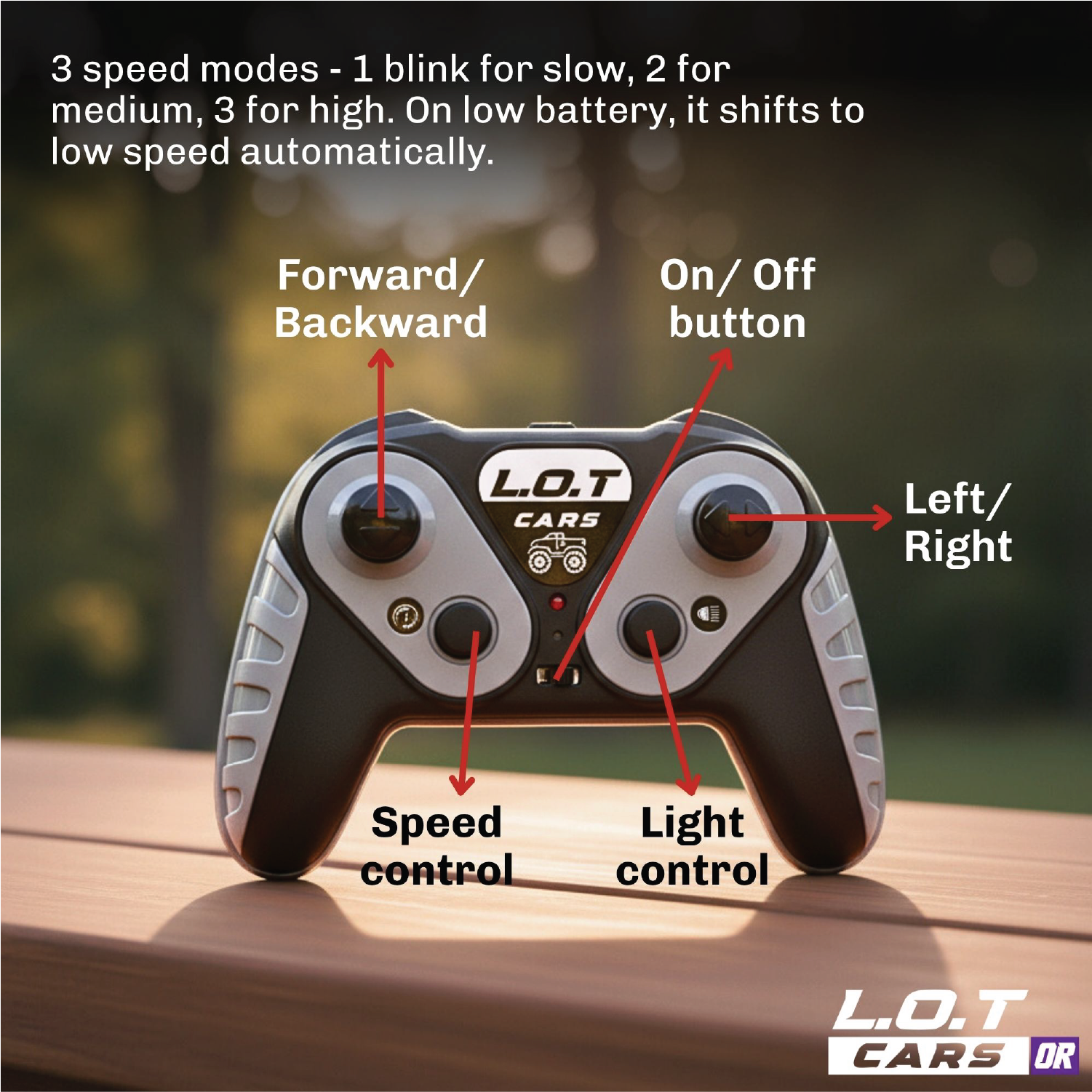 Remote control with labeled buttons on a wooden surface, featuring L.O.T Cars.
