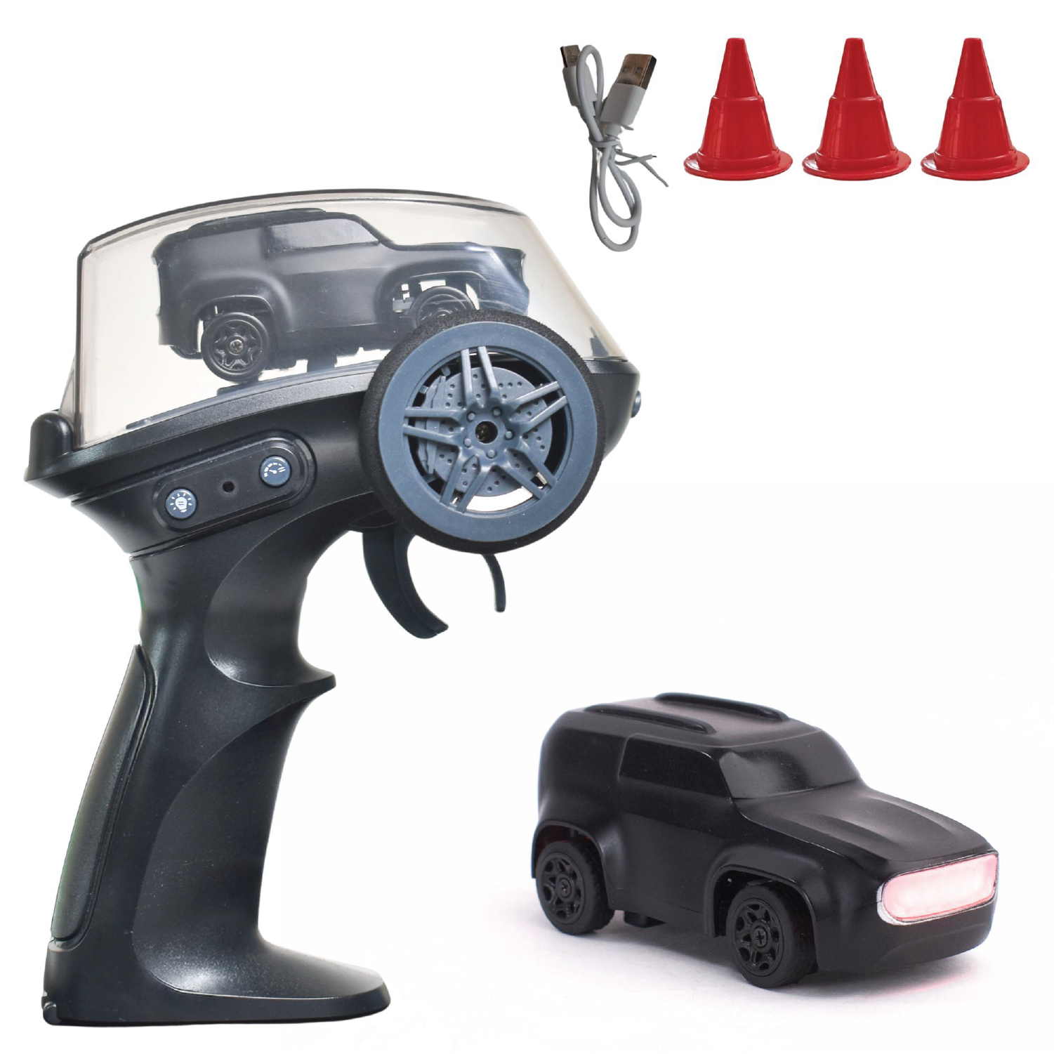 RC car set with controller, car, and traffic cones on a white background