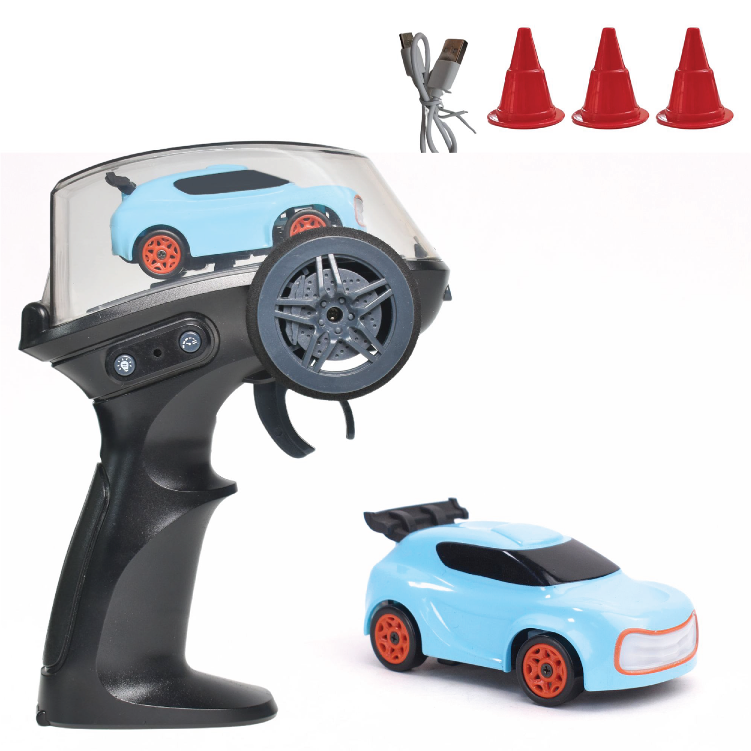 RC car set with transmitter, car, and traffic cones on a white background