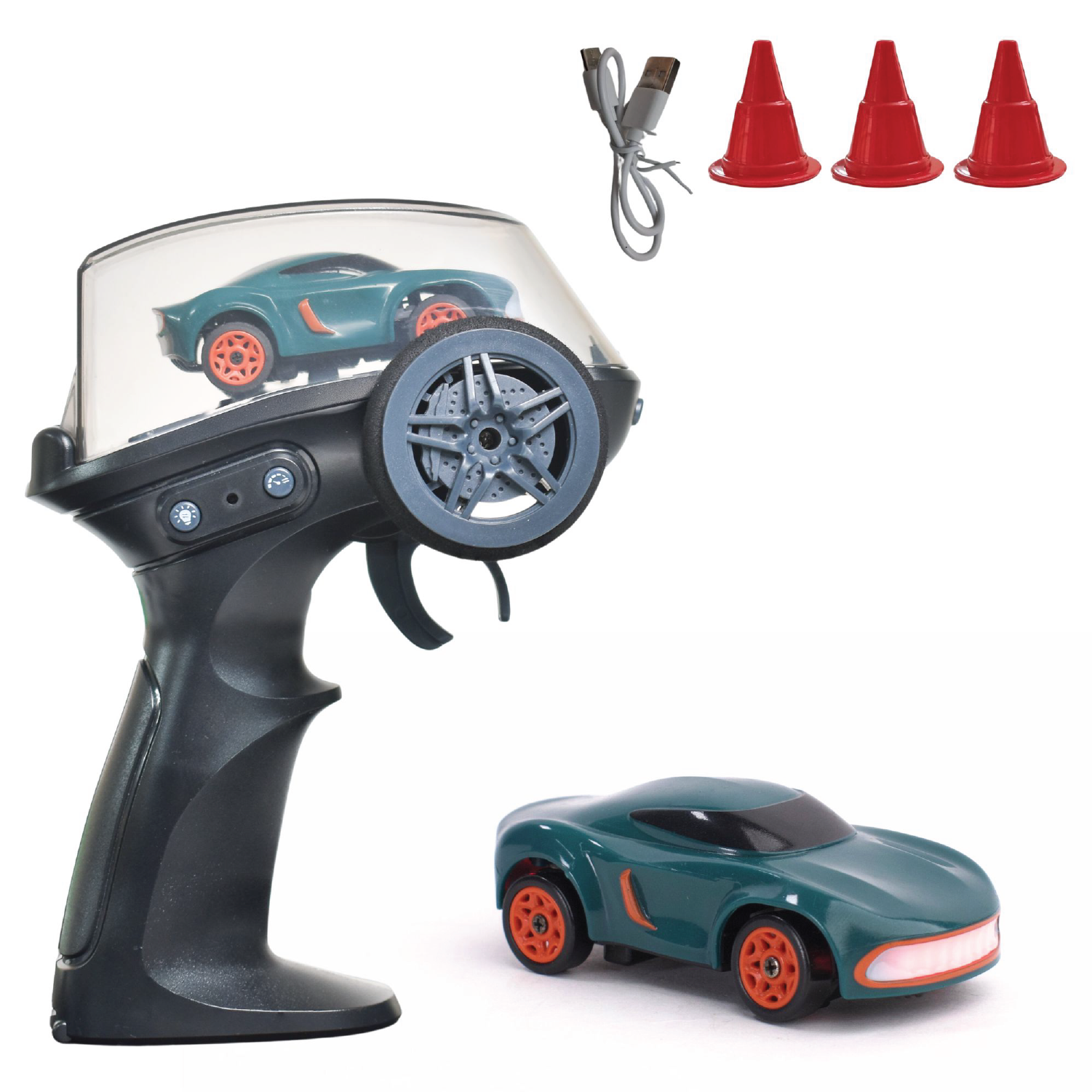 RC remote control car set with controller, car, and traffic cones on a white background