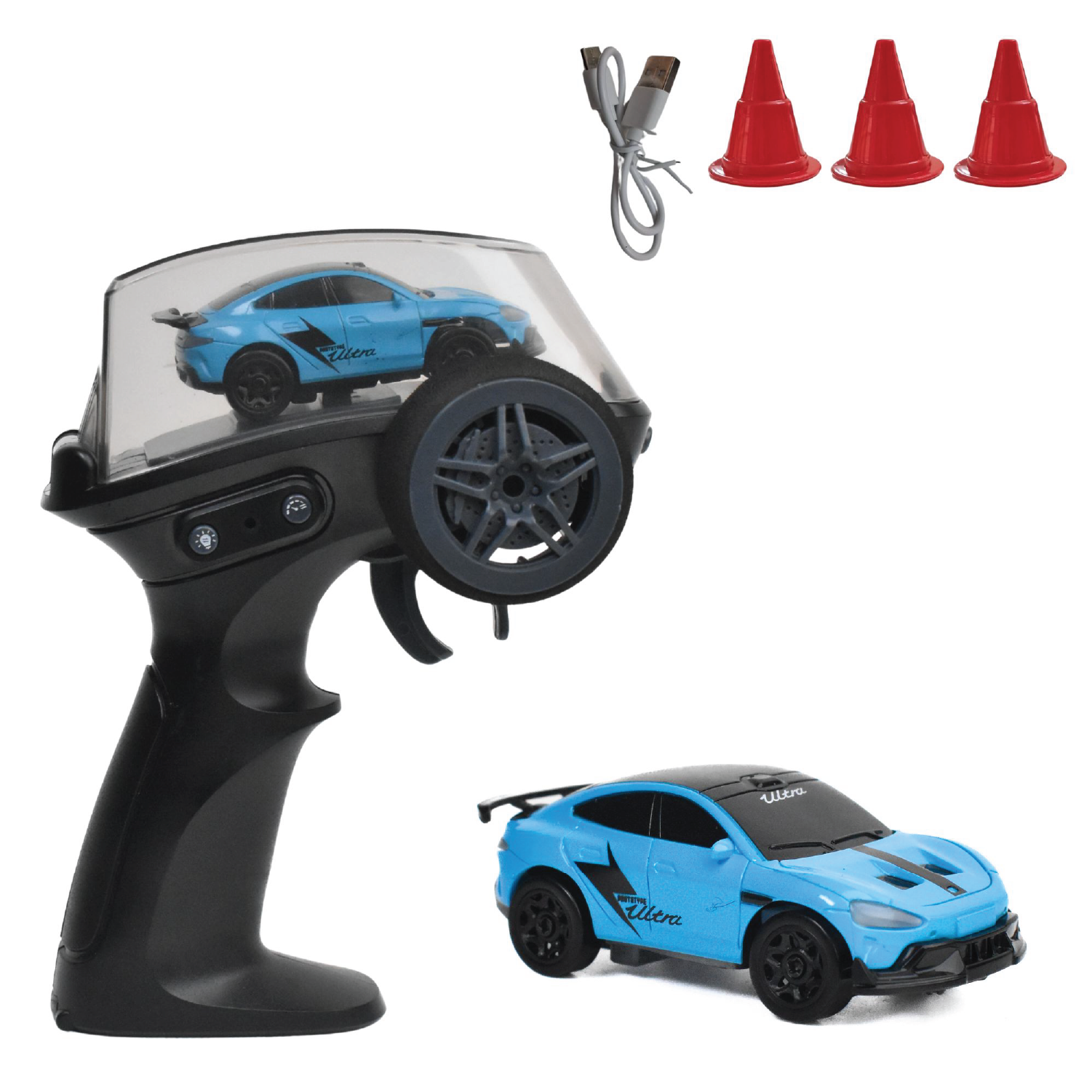 RC car set with blue car, black remote, and red cones on a white background