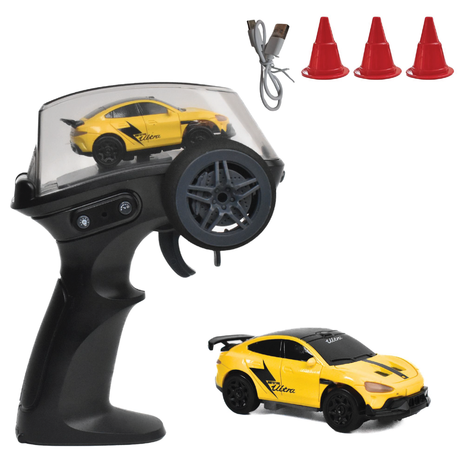 RC car set with yellow car, black remote, and red cones on a white background