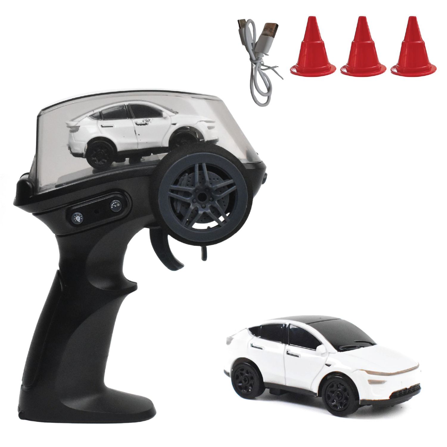 RC car set with transmitter, RC car , and traffic cones on a white background
