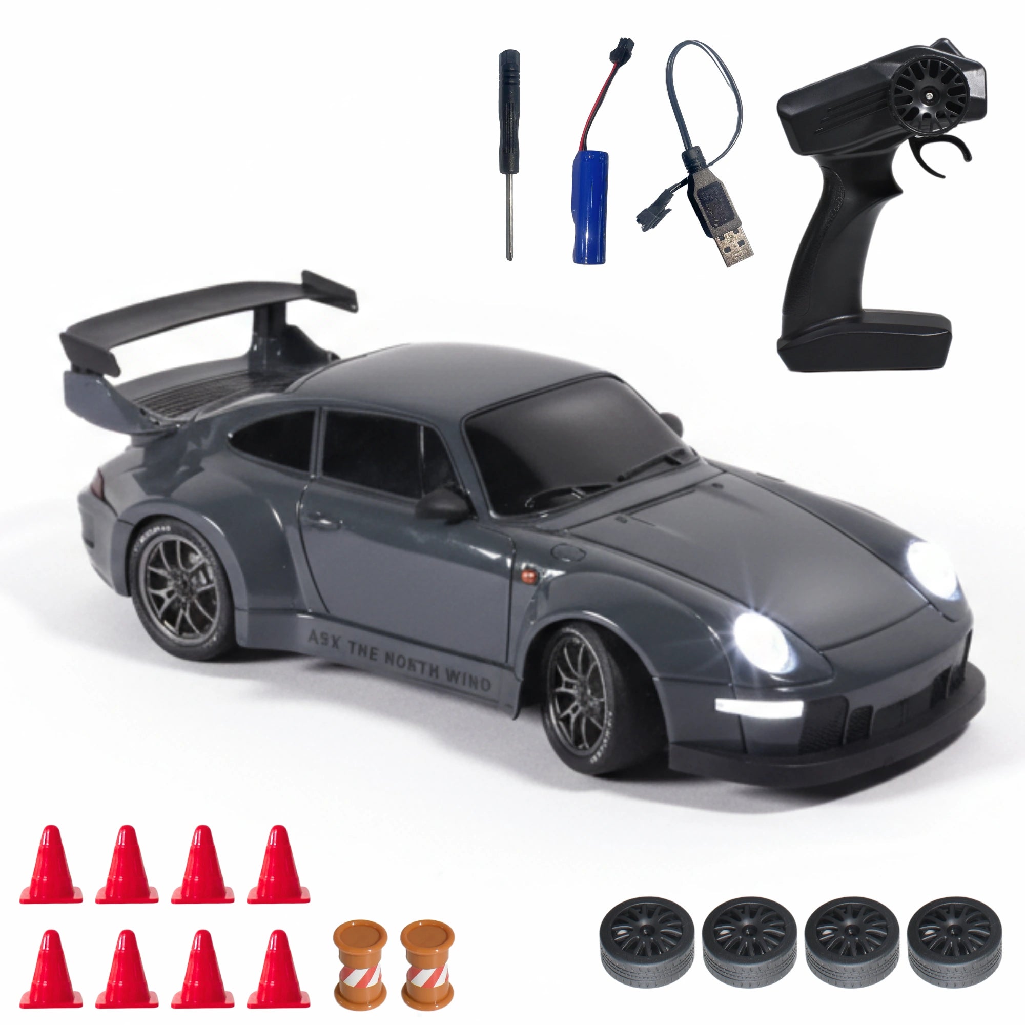 RC car with remote control, batteries, and accessories on a white background