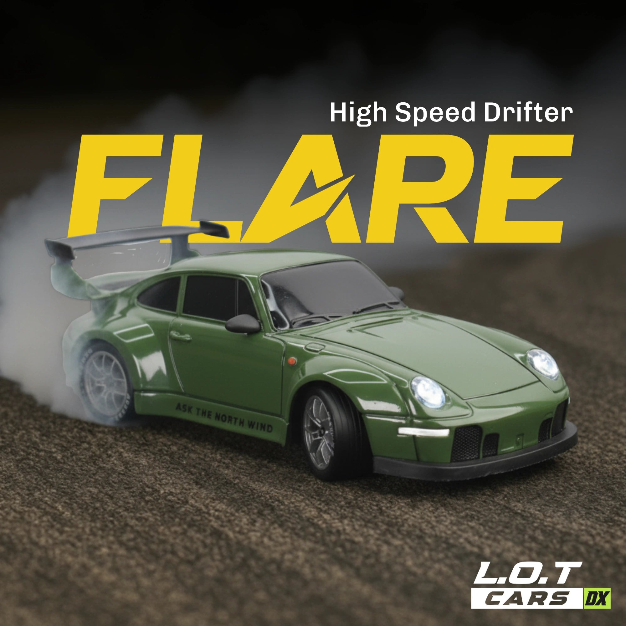 Green toy RC car with 'High Speed Drifter FLARE' text and L.O.T CARS DX branding.