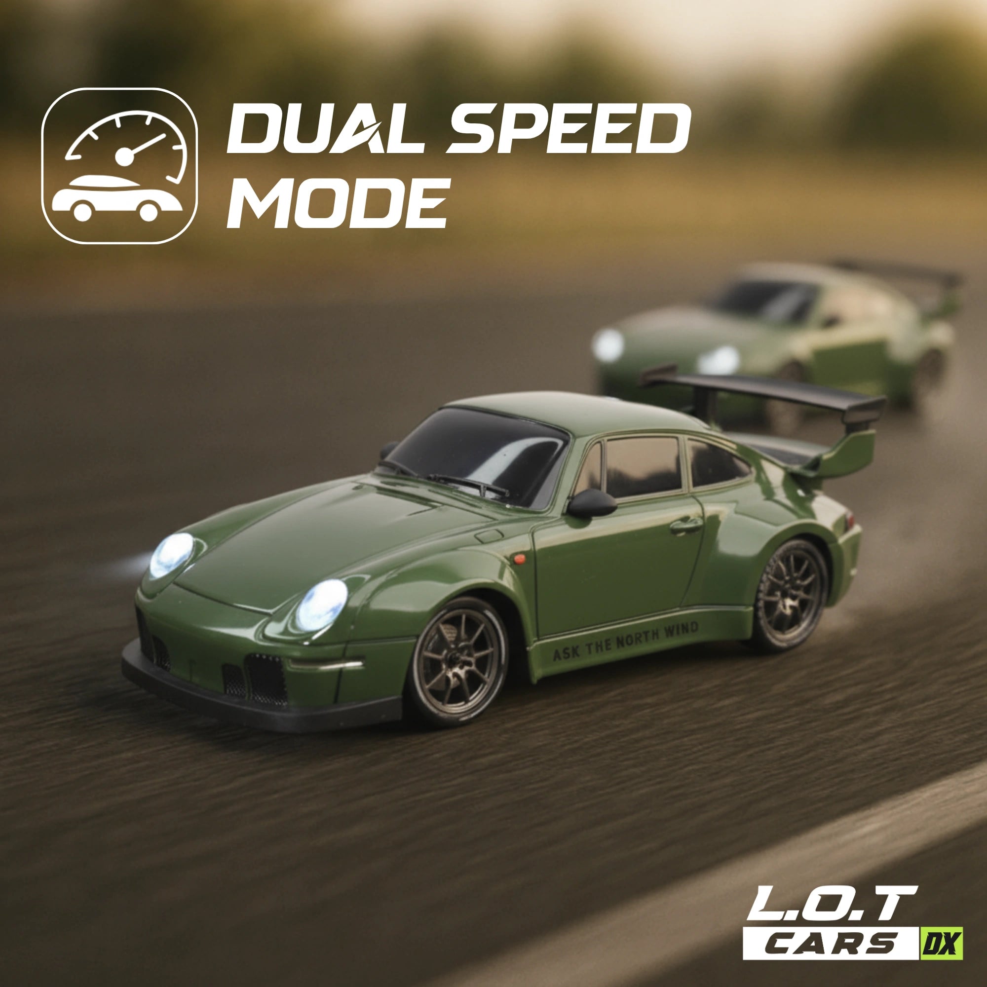 Green RC car with 'Dual Speed Mode' text and L.O.T CARS logo on a blurred background