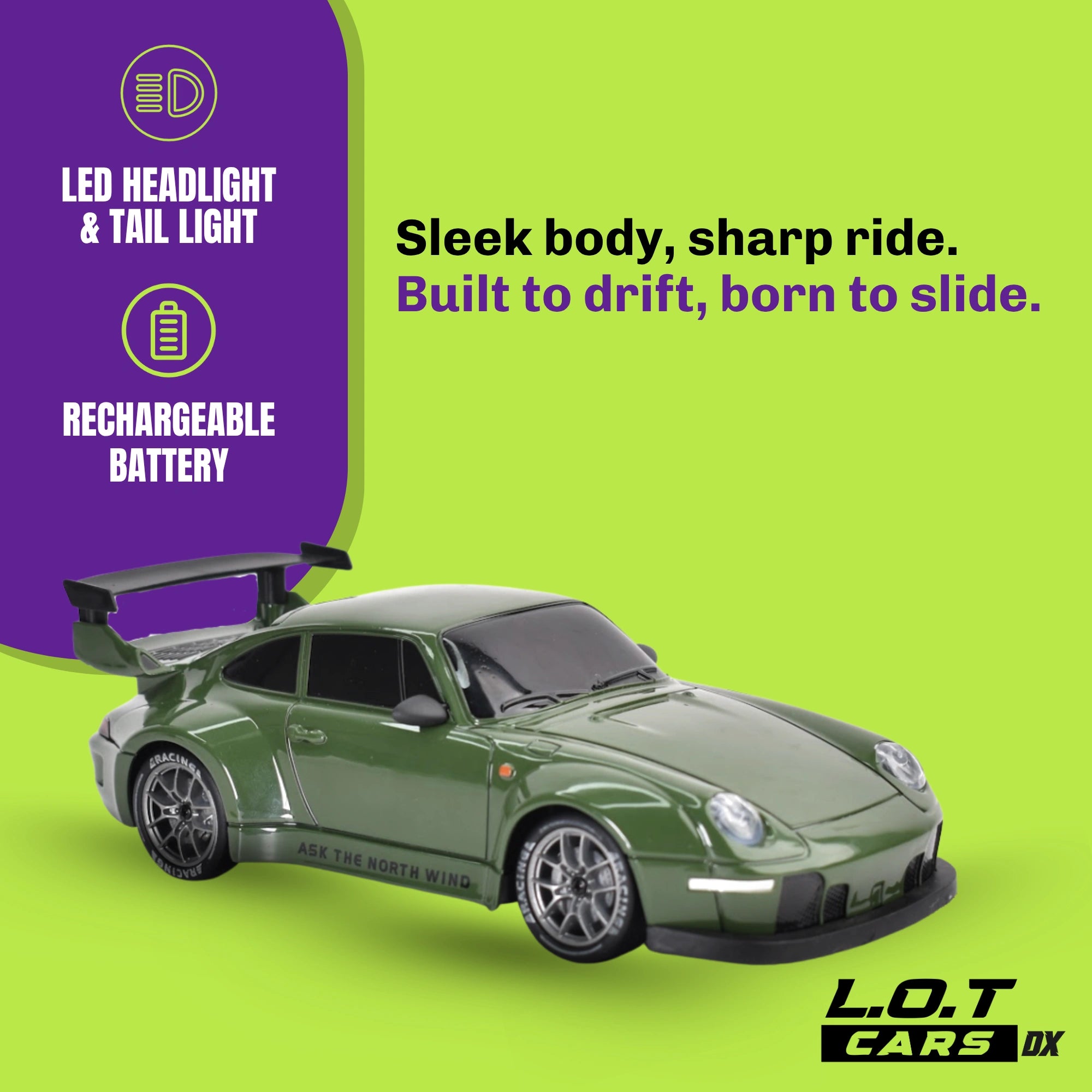 Green toy RC car with promotional text on a green and purple background