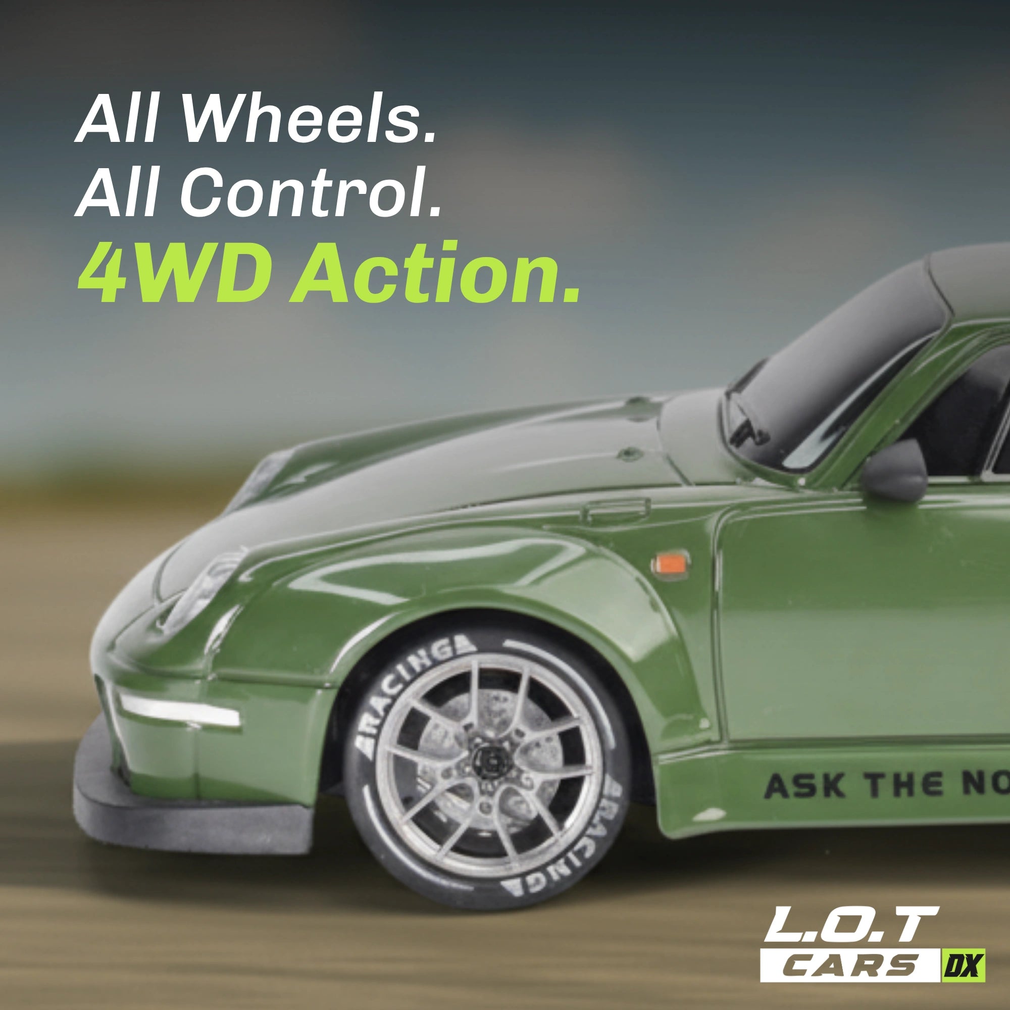 Green RC car with '4WD Action' text and L.O.T Cars logo on a blurred background
