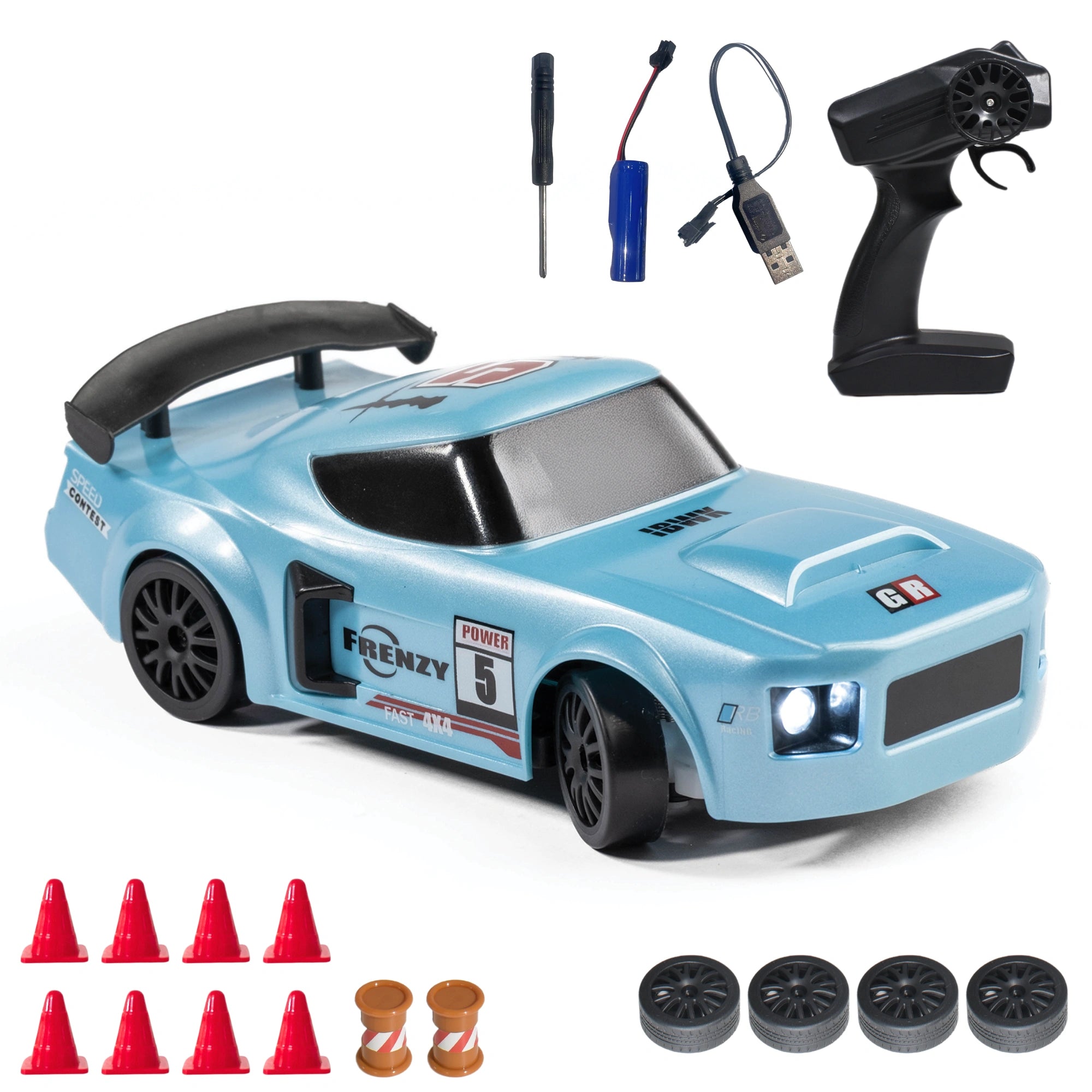 Blue RC race car with remote control, battery pack, and accessories on a white background
