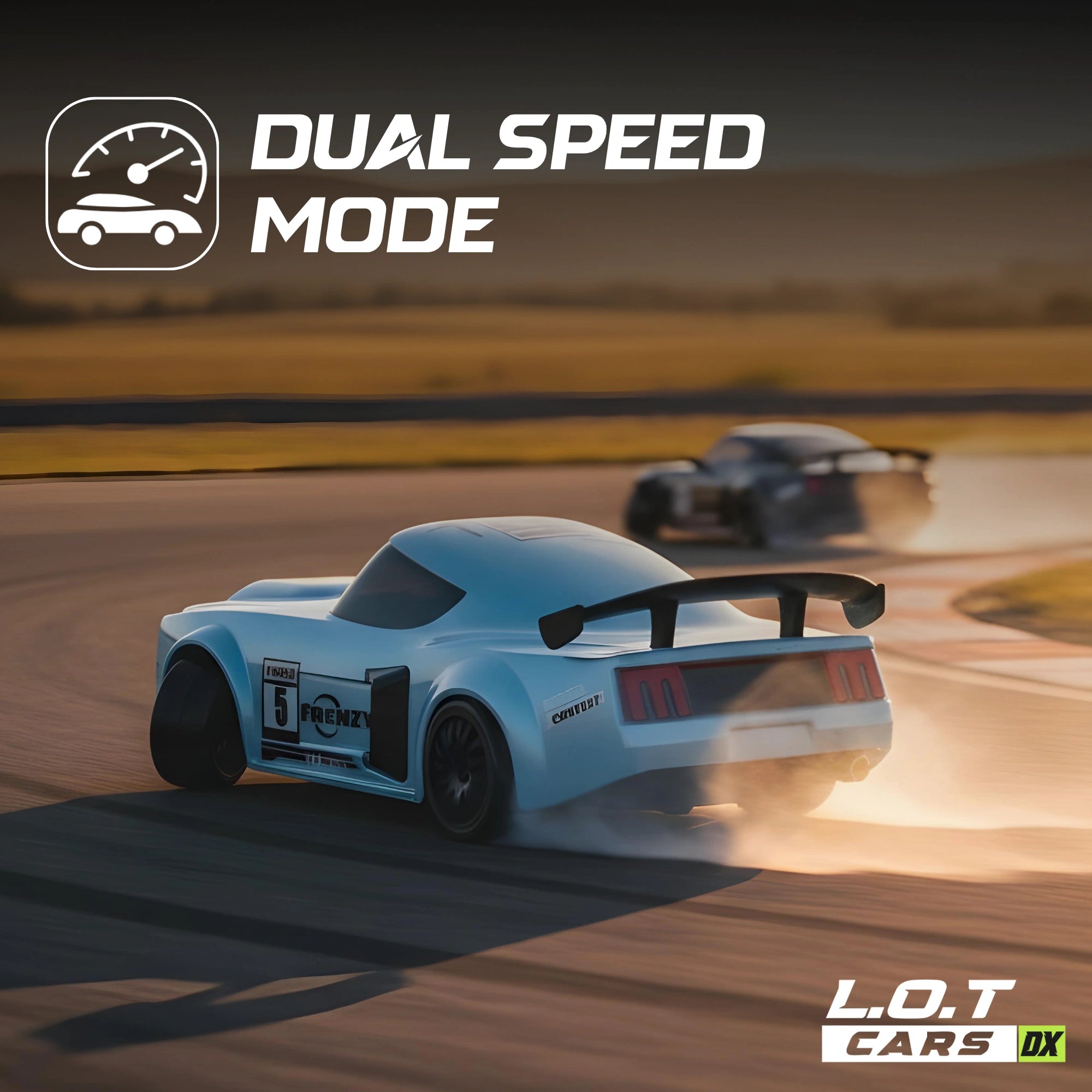 Toy RC car with dual speed mode feature on a racetrack, featuring L.O.T Cars branding.