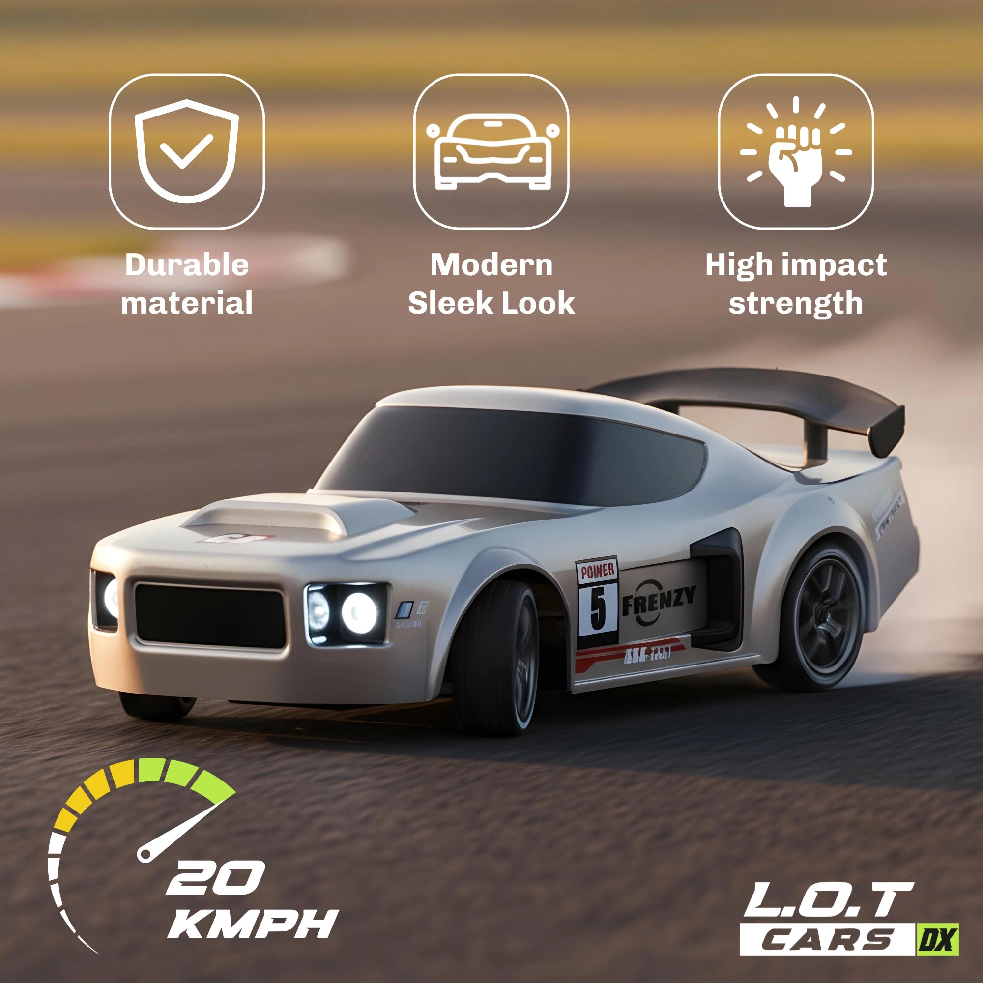Silver RC car with features highlighted on a blurred race track background