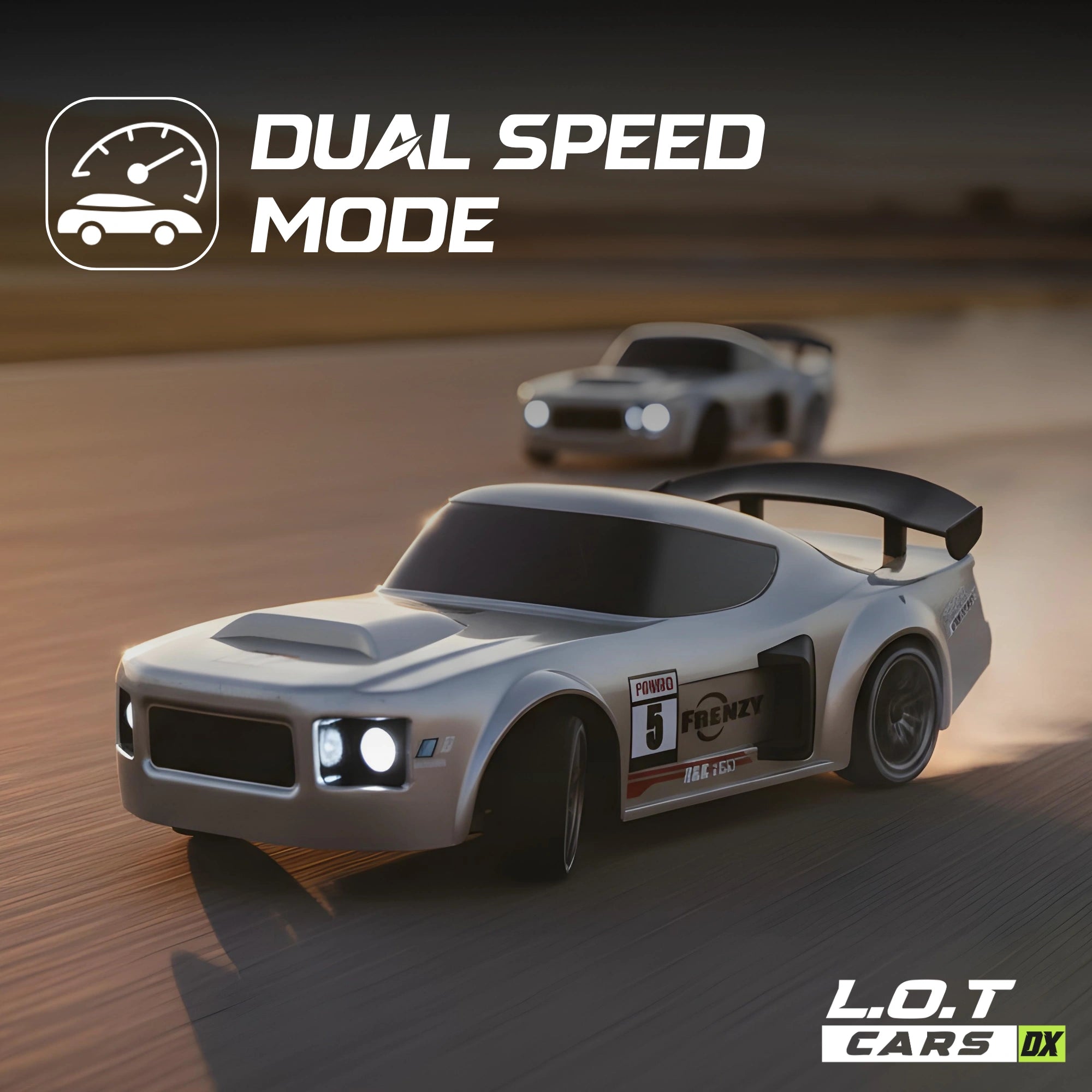 Two Silver RC race cars on a track with 'Dual Speed Mode' text and L.O.T CARS DX logo.
