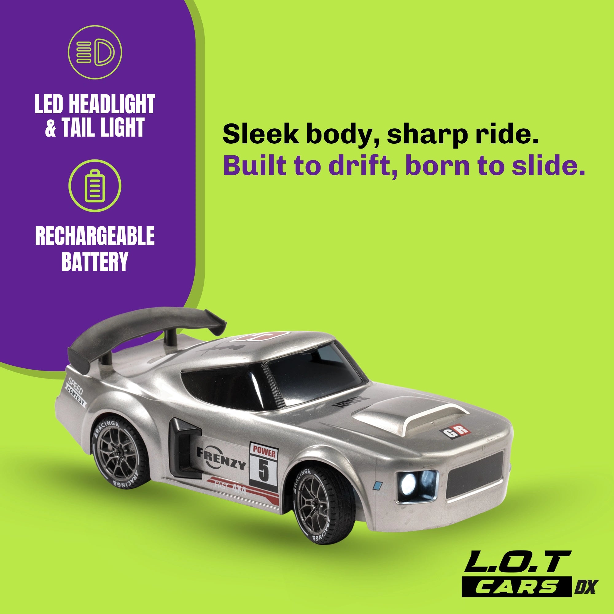 Silver RC car with features listed on a green and purple background