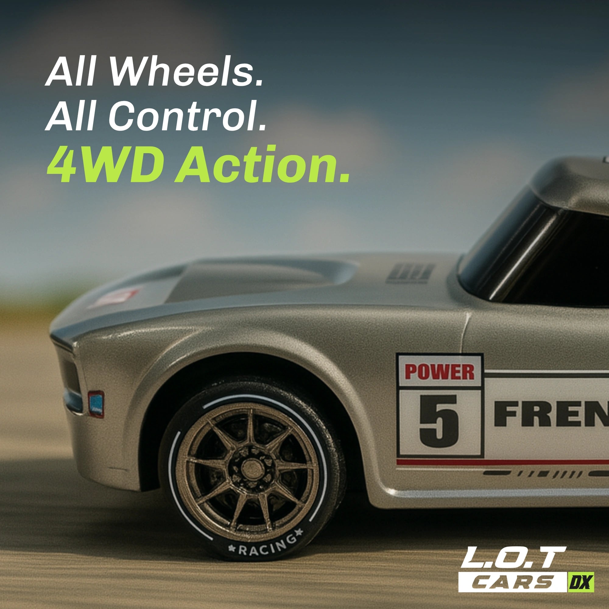Model RC car with racing decals on a blurred background, featuring text about 4WD action.
