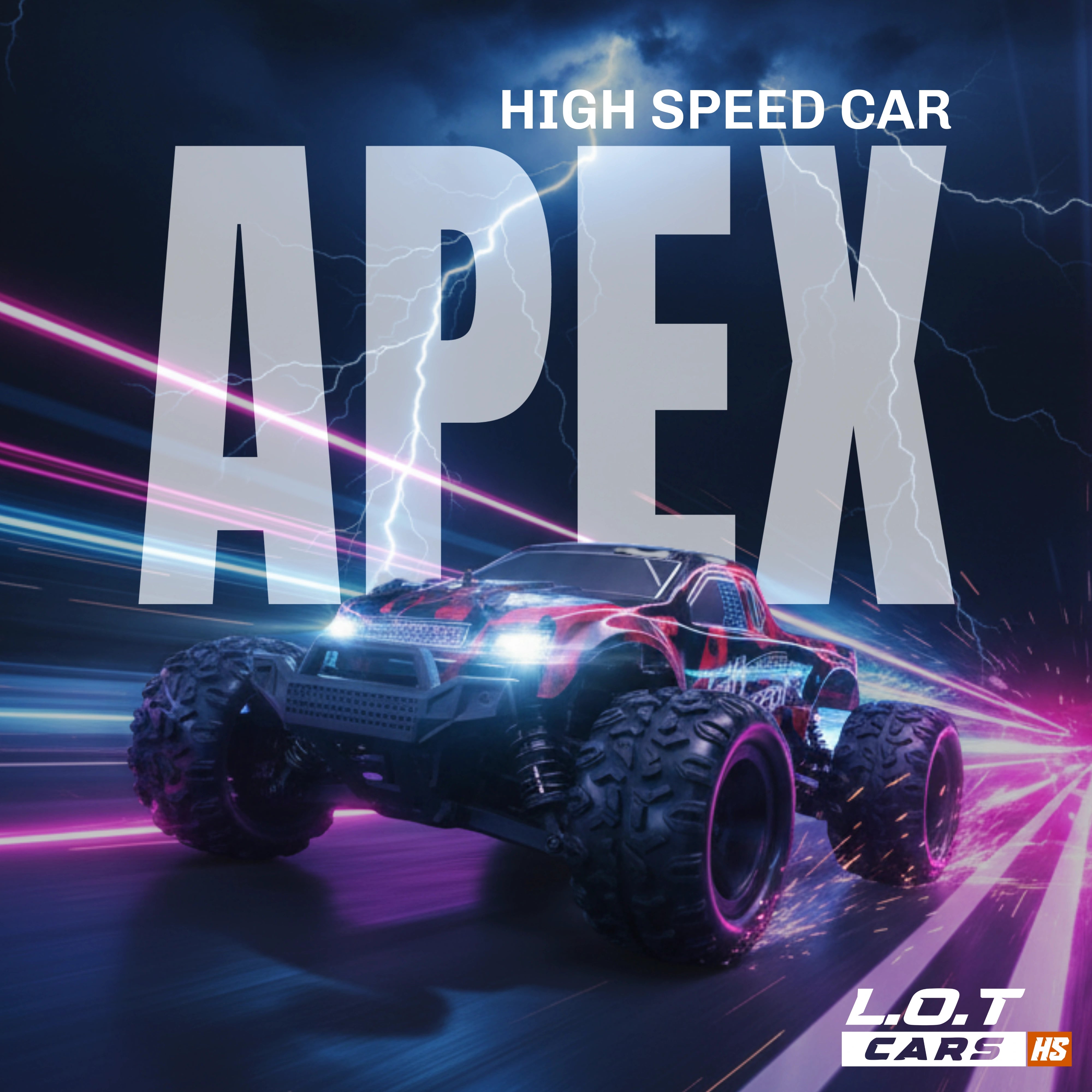 High-speed car with 'APEX' text and L.O.T Cars logo on a dark background